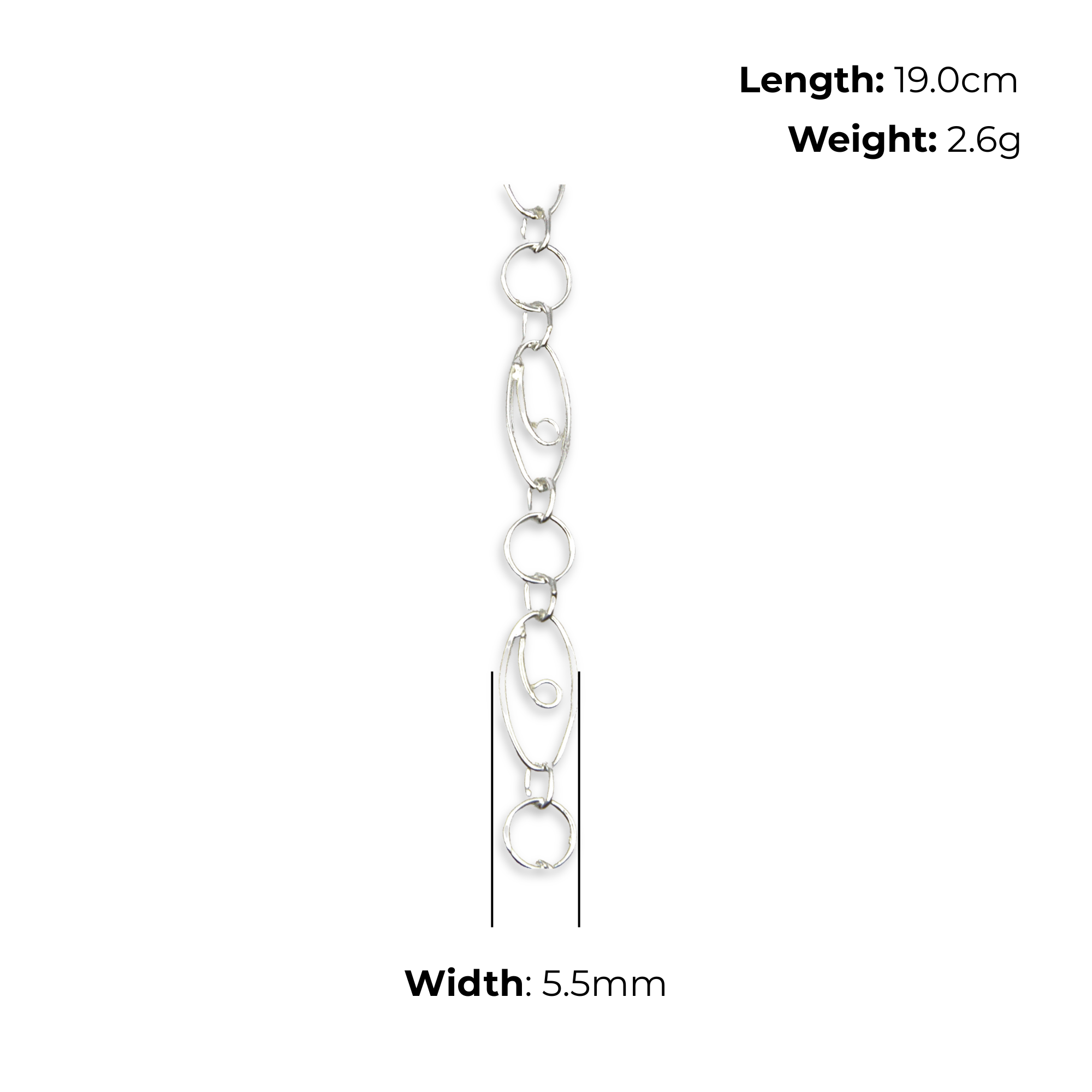Sterling Silver Scroll Link Bracelet, Open Oval and Scroll Detail, product dimensions shown, length 19.0cm, link width 5.5mm, weight 2.6g.