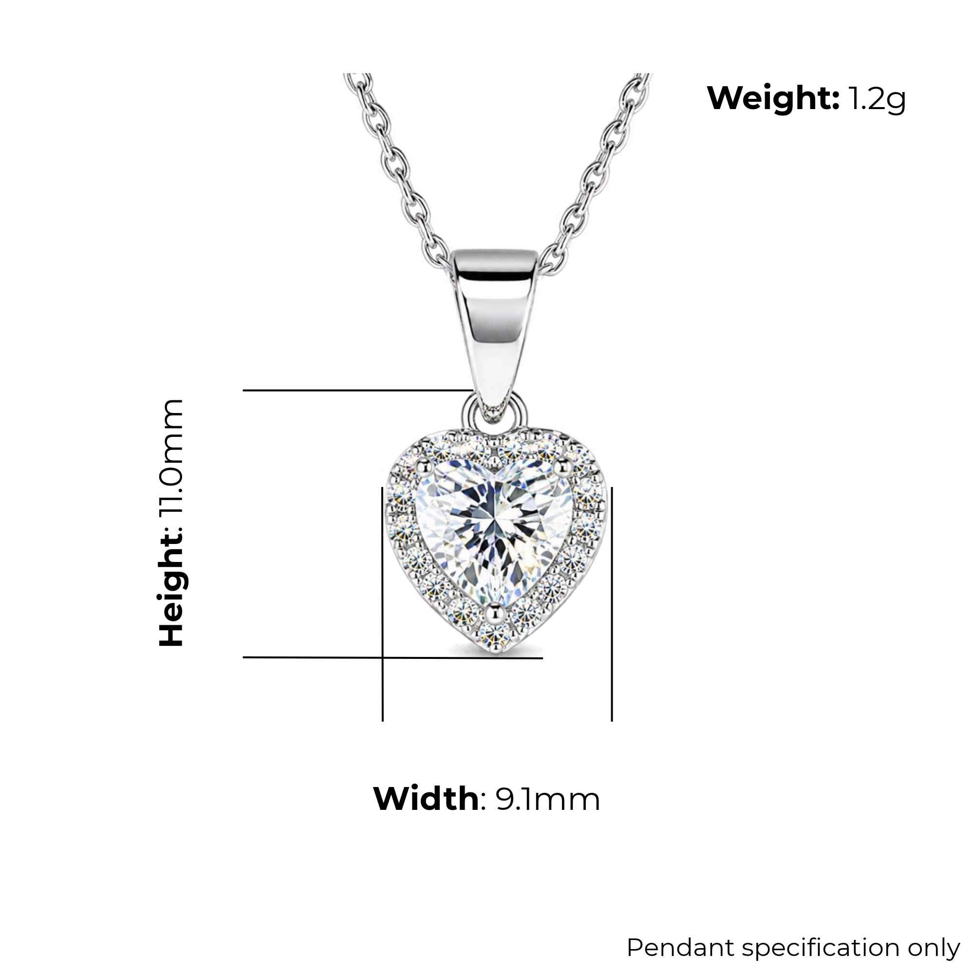 Sterling Silver Heart Halo Pendant, CZ, product dimensions shown, width 9.1mm, height 11.0mm, weight 1.2g, pendant specification only.