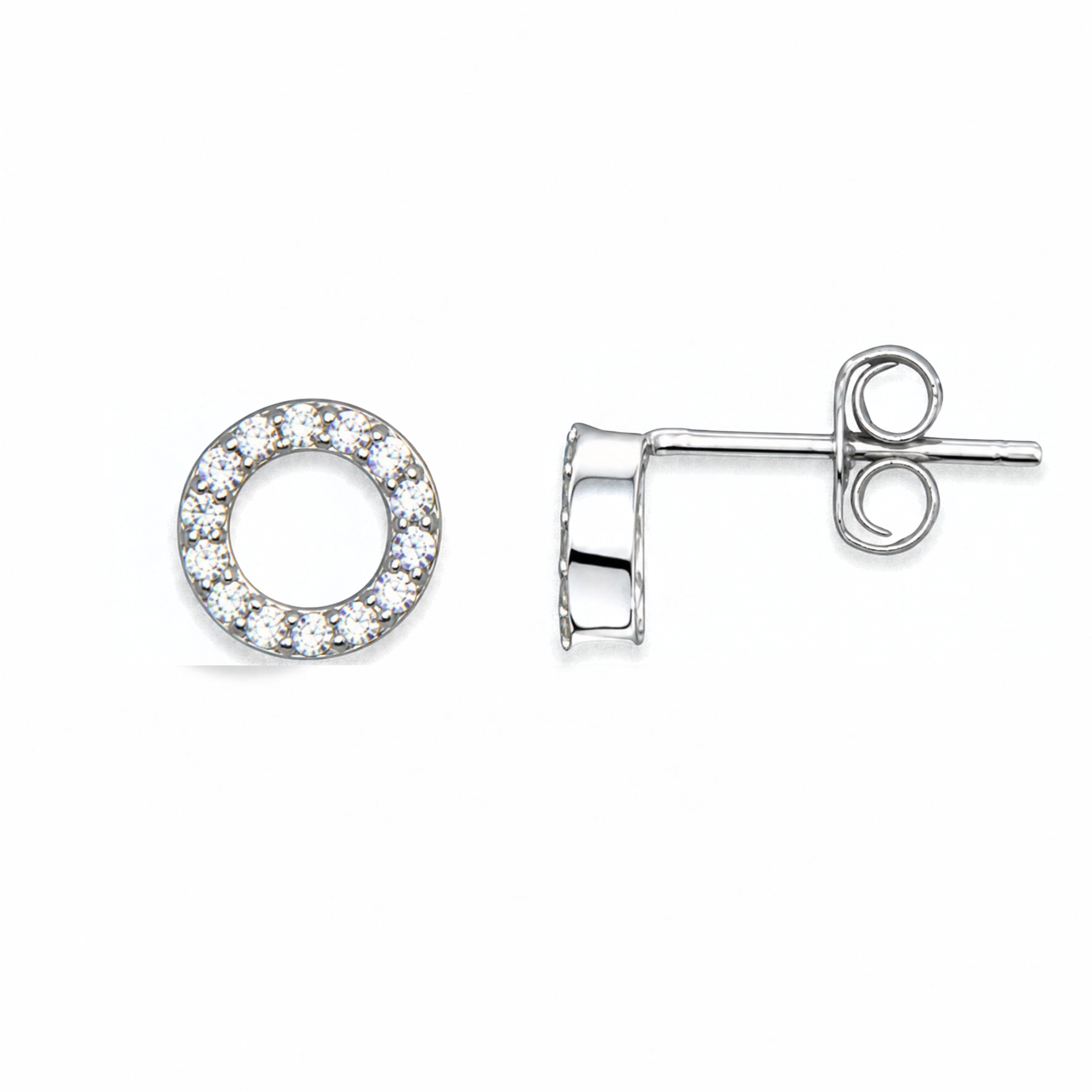 Sterling Silver Open Circle Stud Earrings, Pave-Set CZ Detail
