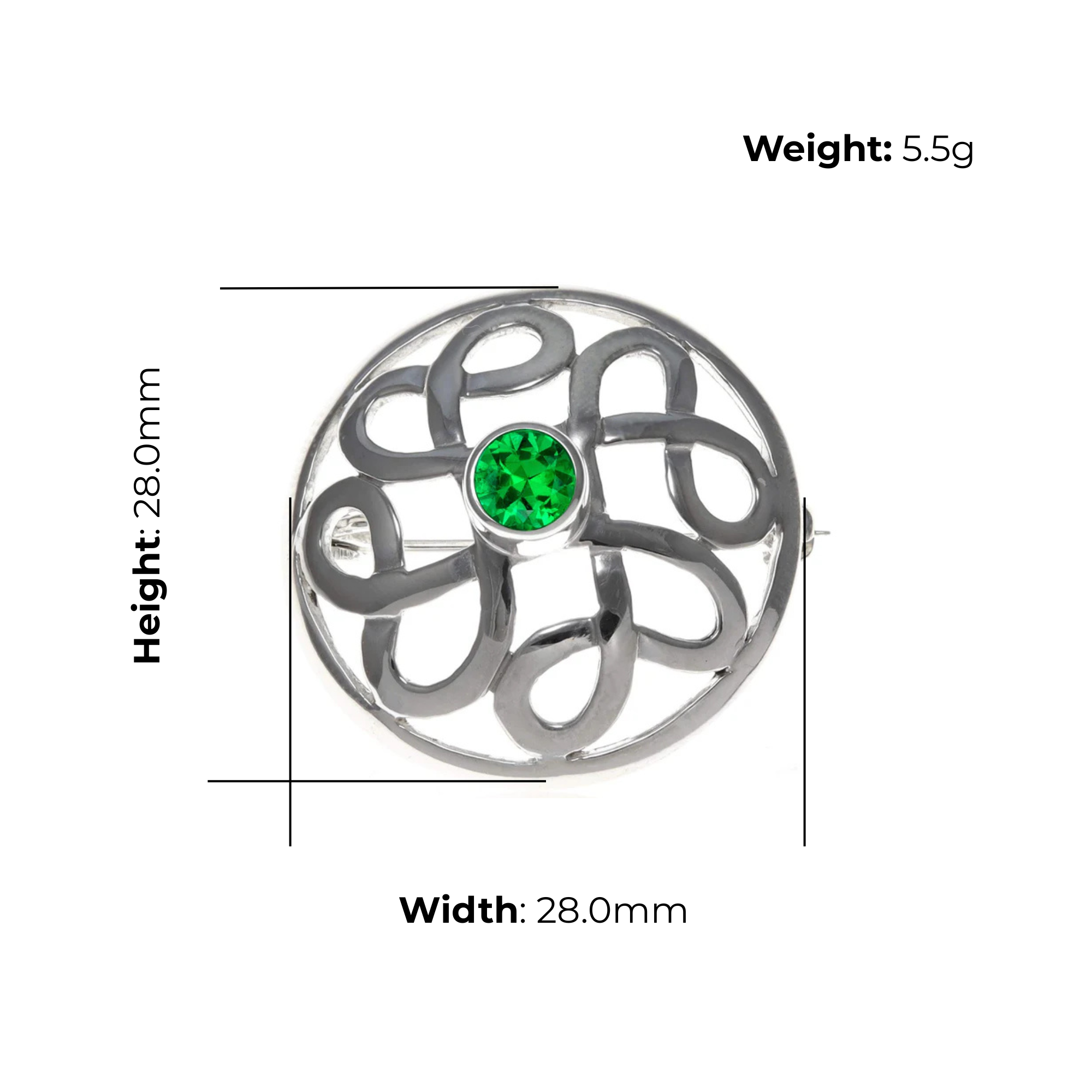 Sterling Silver Celtic Knot Brooch, round green cubic zirconia, product dimensions shown, width 28mm, height 28mm, weight 5.5g