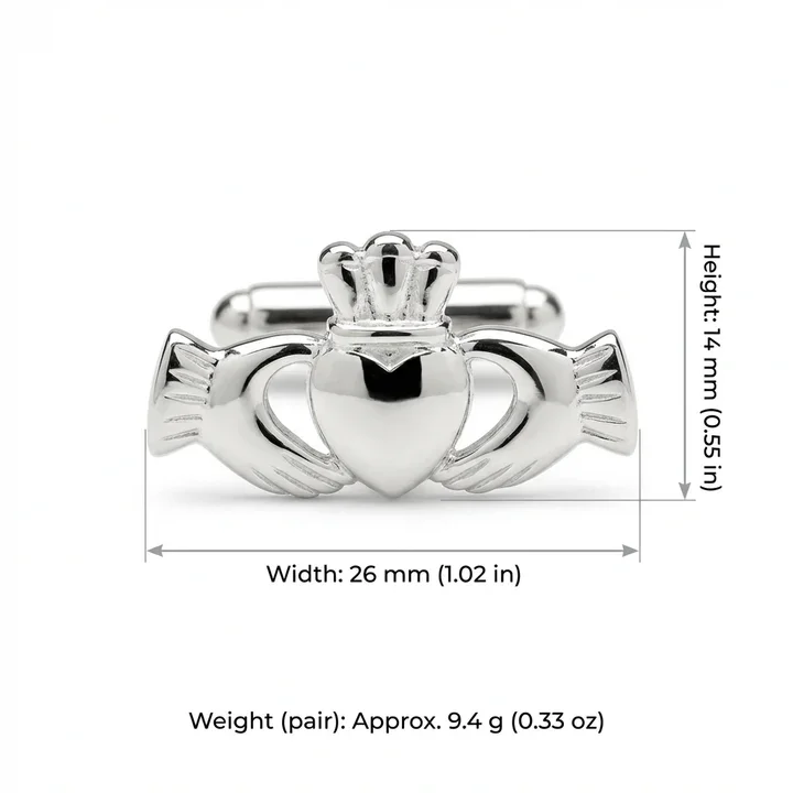Sterling Silver Claddagh cufflinks. Sculptural hands, ribbed cuffs, crowned heart, high mirror polish, product dimensions shown, height 14mm by width 26mm, pair weight 9.4g