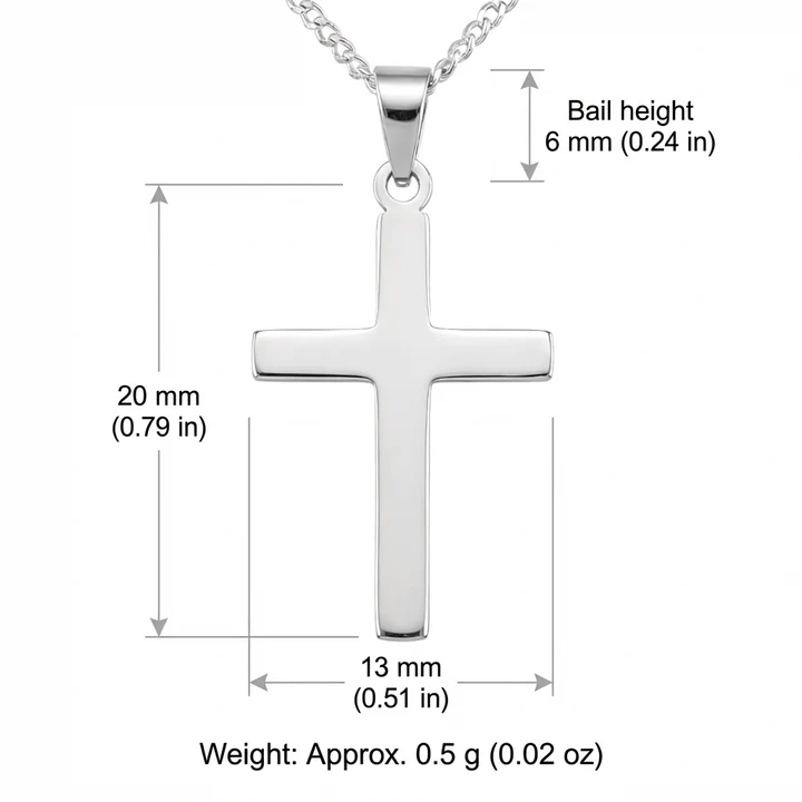 Lightweight Sterling Silver plain polished Latin cross pendant, product dimensions shown, 20mm height by 13mm width