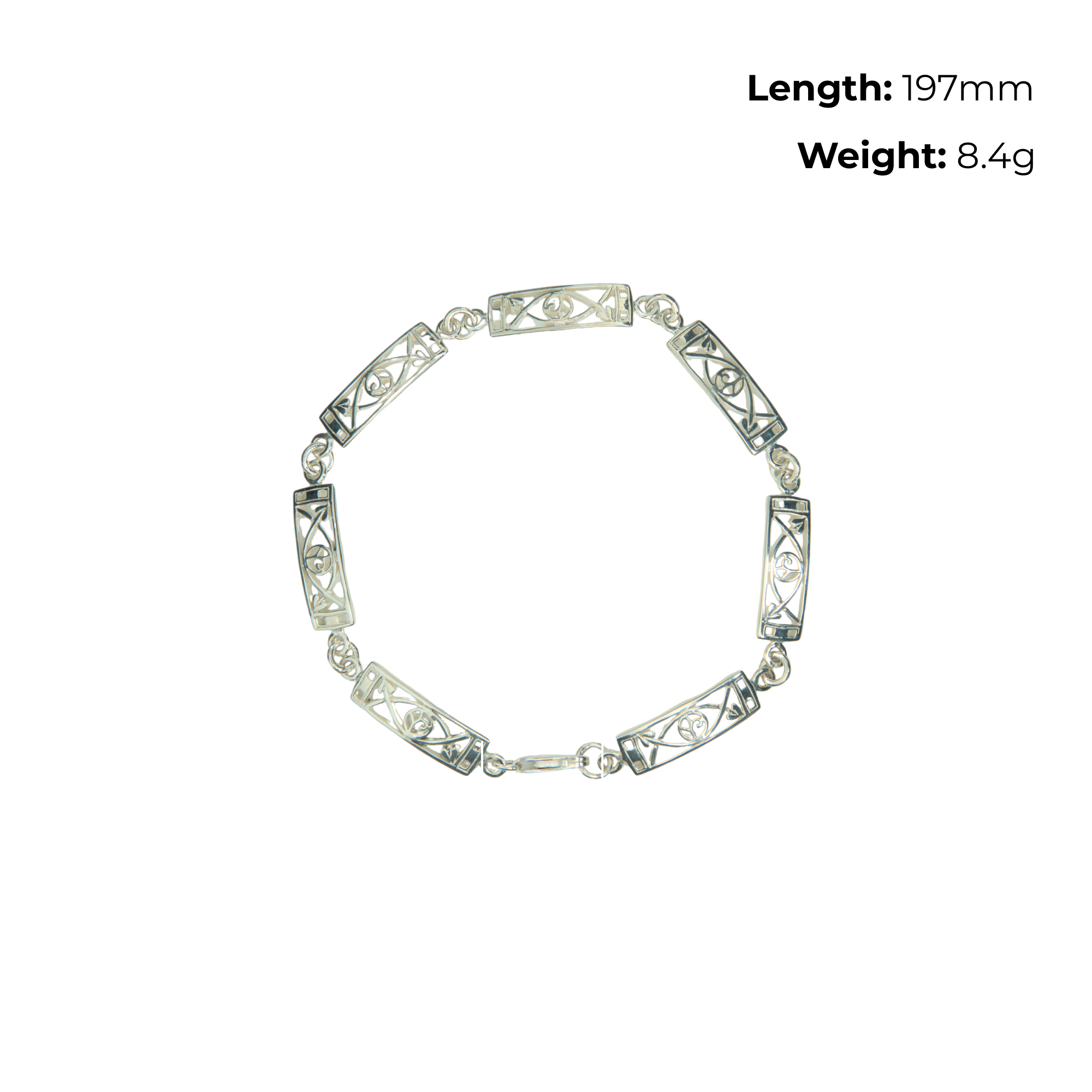 Sterling Silver Charles Rennie Mackintosh Open Link Bracelet, geometric design, product dimensions shown, length 197mm, weight 8.4g