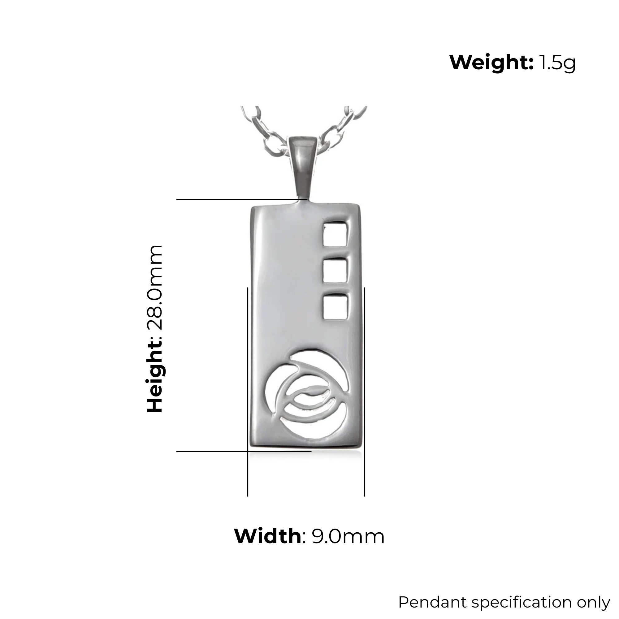 Sterling Silver Charles Rennie Mackintosh Panel Pendant, pierced rose design, product dimensions shown, width 9mm, height 28mm, weight 1.5g, pendant specification only