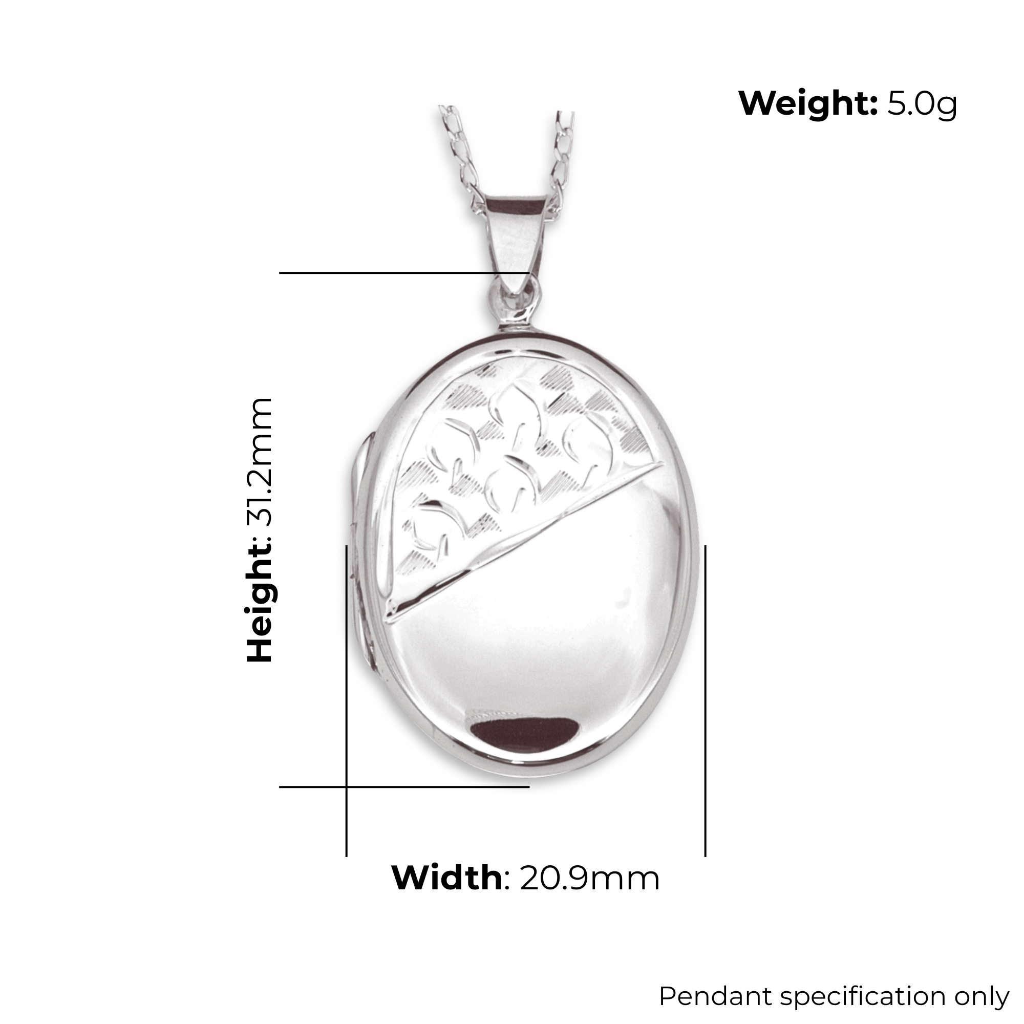 Sterling Silver Oval Locket, hand engraved fern leaf design, 21mm, product dimensions shown, width 20.9mm, height 31.2mm, weight 5.0g