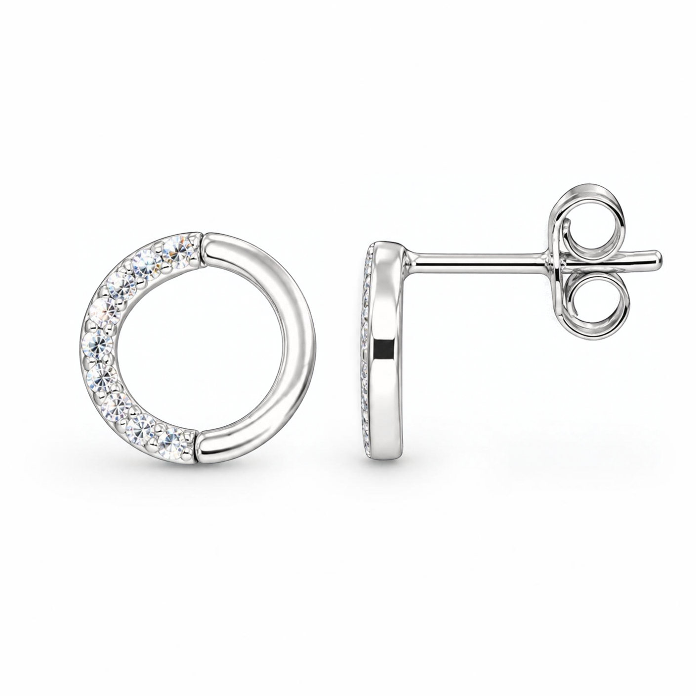 Sterling Silver Open Circle Stud Earrings, Pave-Set CZ