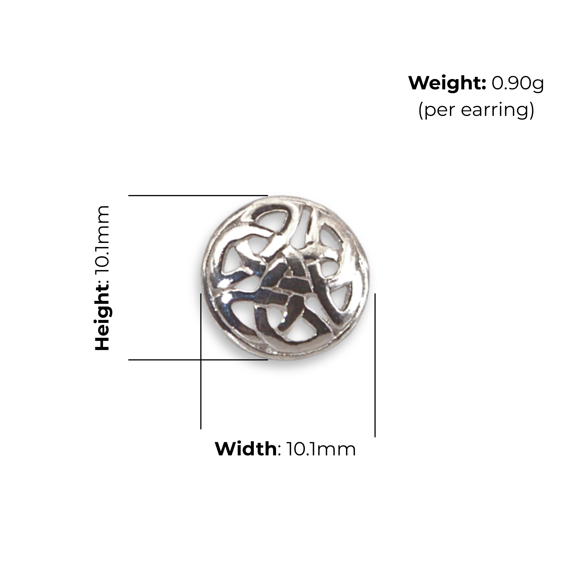 Sterling Silver Celtic Trinity Knot Round Stud Earrings, triquetra centre, all-over interlaced border, high mirror polish, product dimensions shown, width and height 10.1mm, weight 0.9g per earring