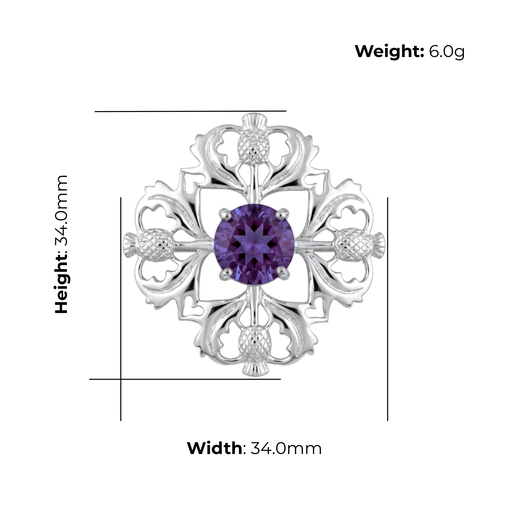 Sterling Silver Thistle Brooch, four-point design with amethyst-colour stone, product dimensions shown, width 34mm, height 34mm, weight 6g