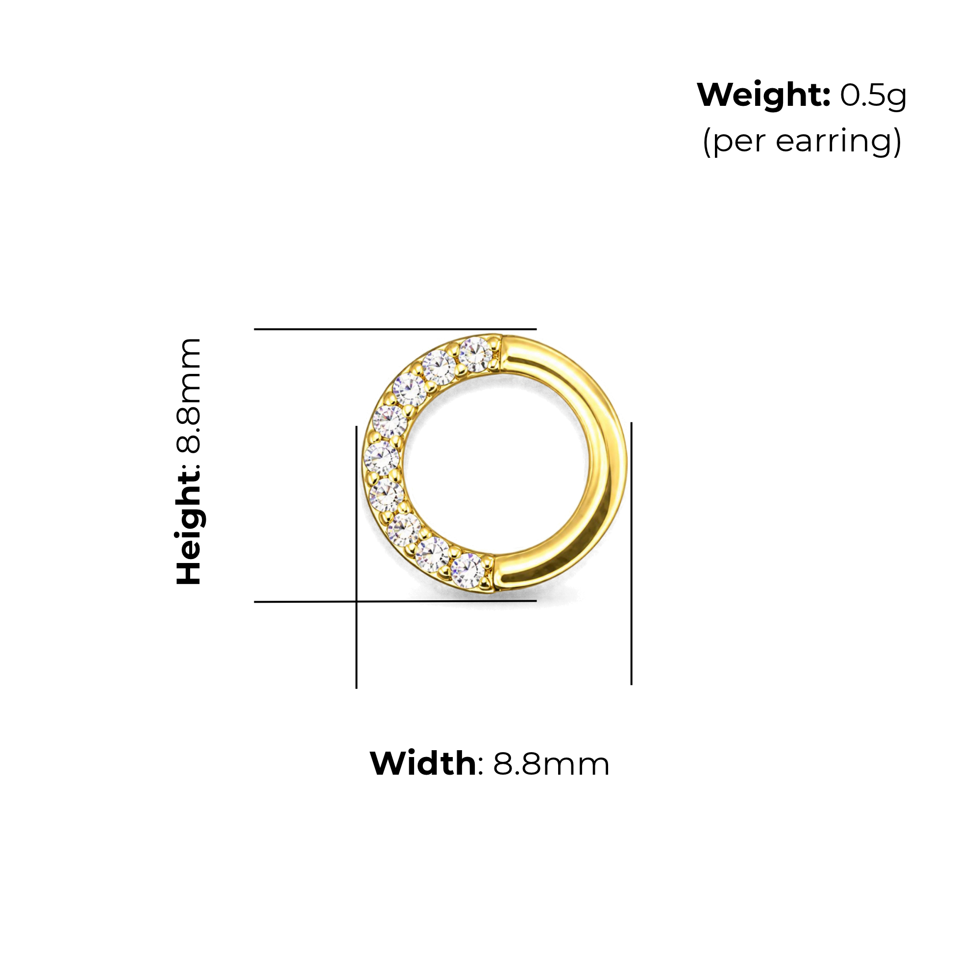 Sterling Silver Open Circle Stud Earrings, Gold Plated, Pave-Set CZ, product dimensions shown, width 8.8mm, height 8.8mm, weight 0.5g per earring.
