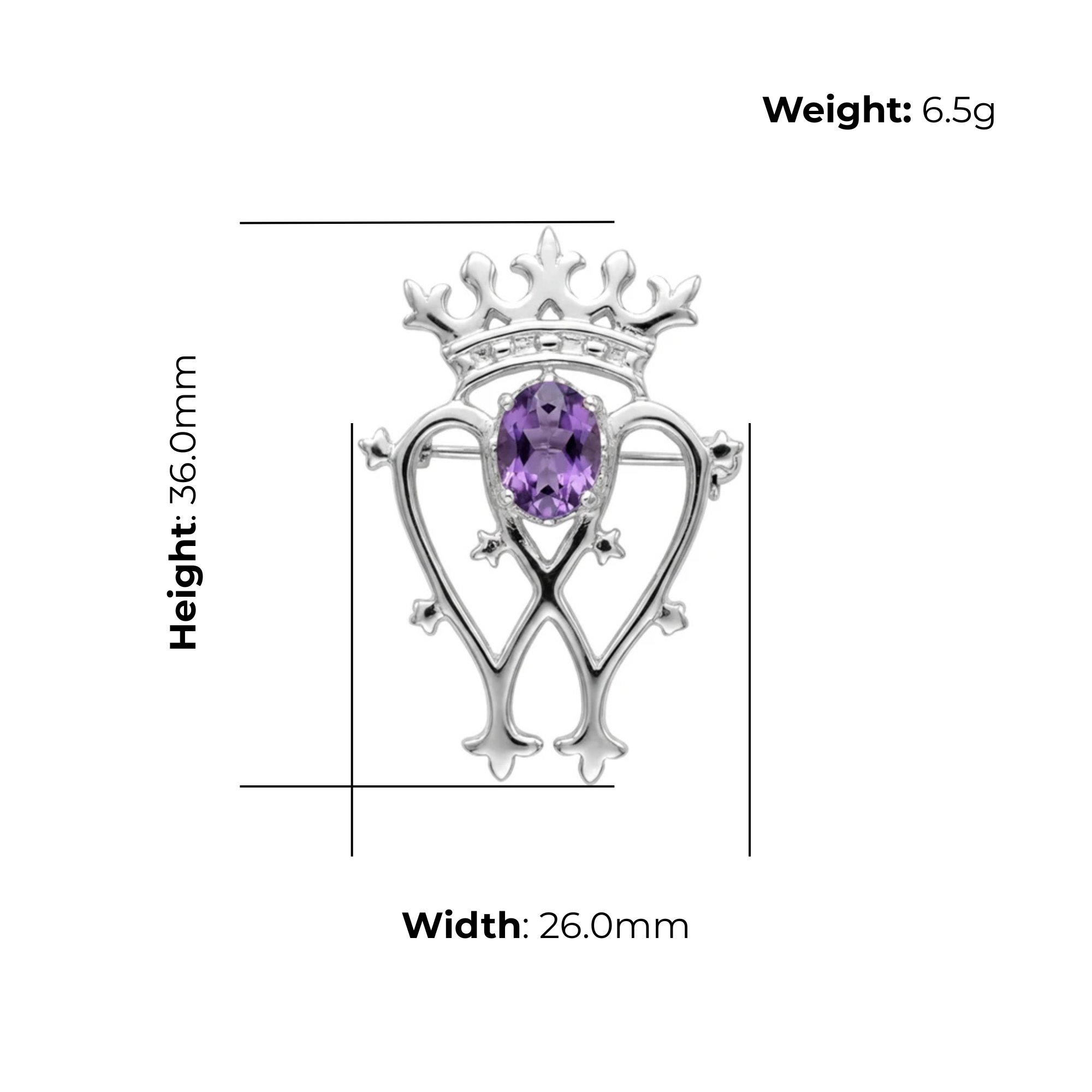 Sterling Silver Luckenbooth Brooch, double heart with amethyst-colour stone, product dimensions shown, width 26mm, height 36mm, weigh 6.5g