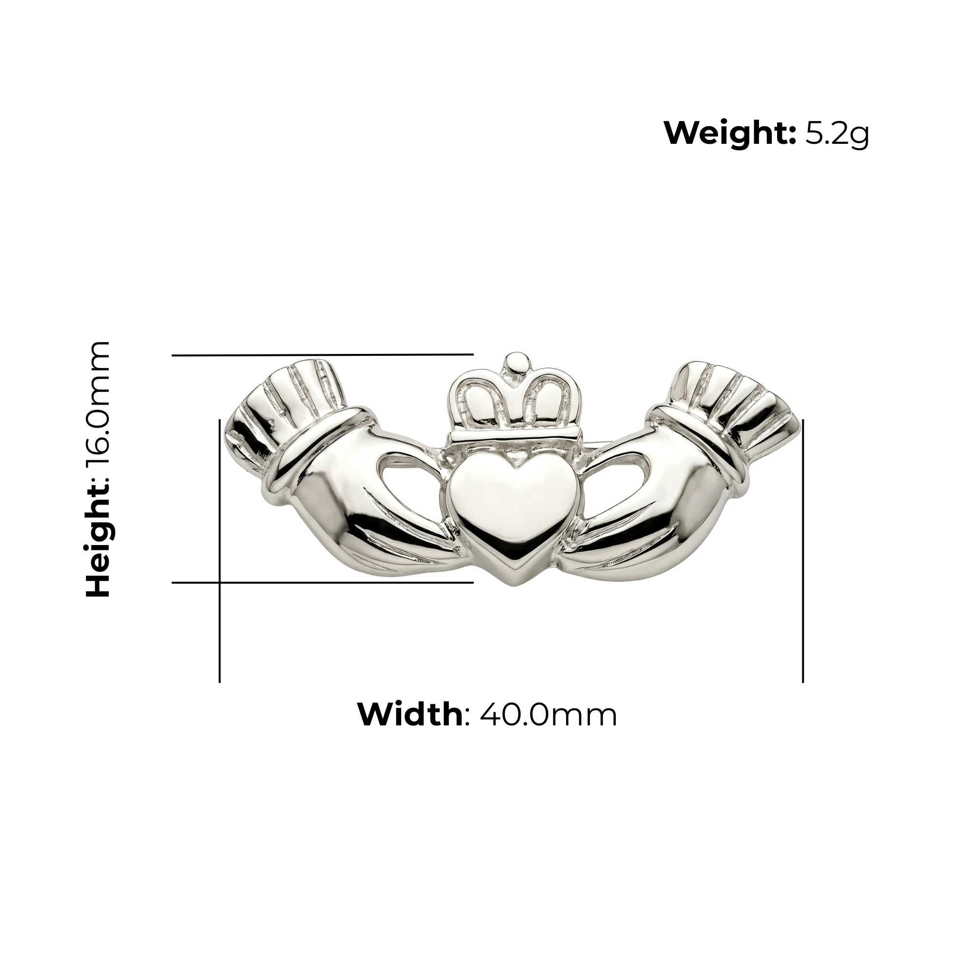 Sterling Silver Celtic Claddagh Brooch - 40mm (SB3232)