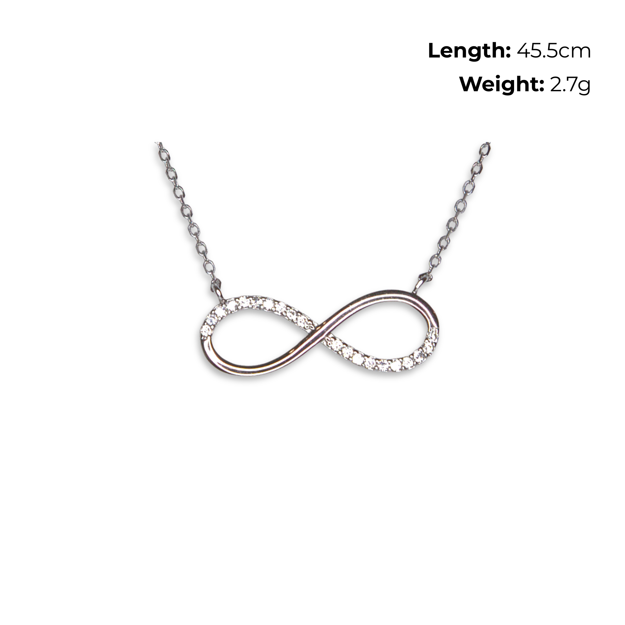 Sterling Silver Bold Infinity Necklet with CZ, product dimensions shown, length 45.5cm, weight 2.7g