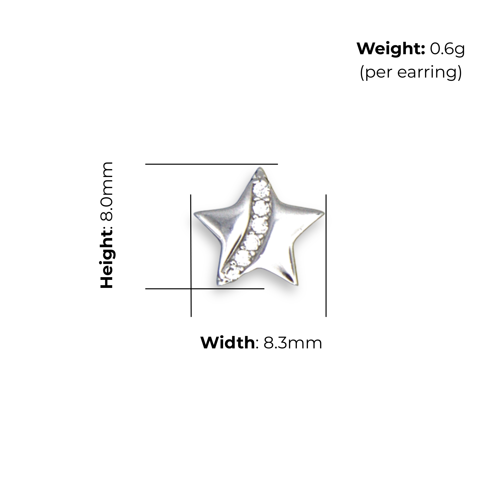 Sterling Silver Star Stud Earrings, Pave-Set CZ Detail, product dimensions shown, width 8.3mm, height 8.0mm, weight 0.6g per earring.