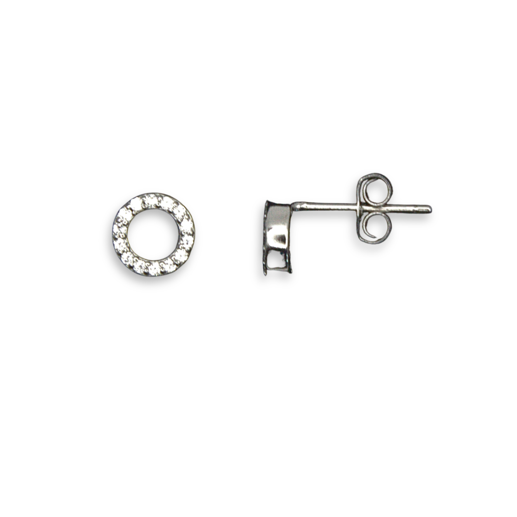 Sterling Silver Open Circle Stud Earrings, Pave-Set CZ Detail
