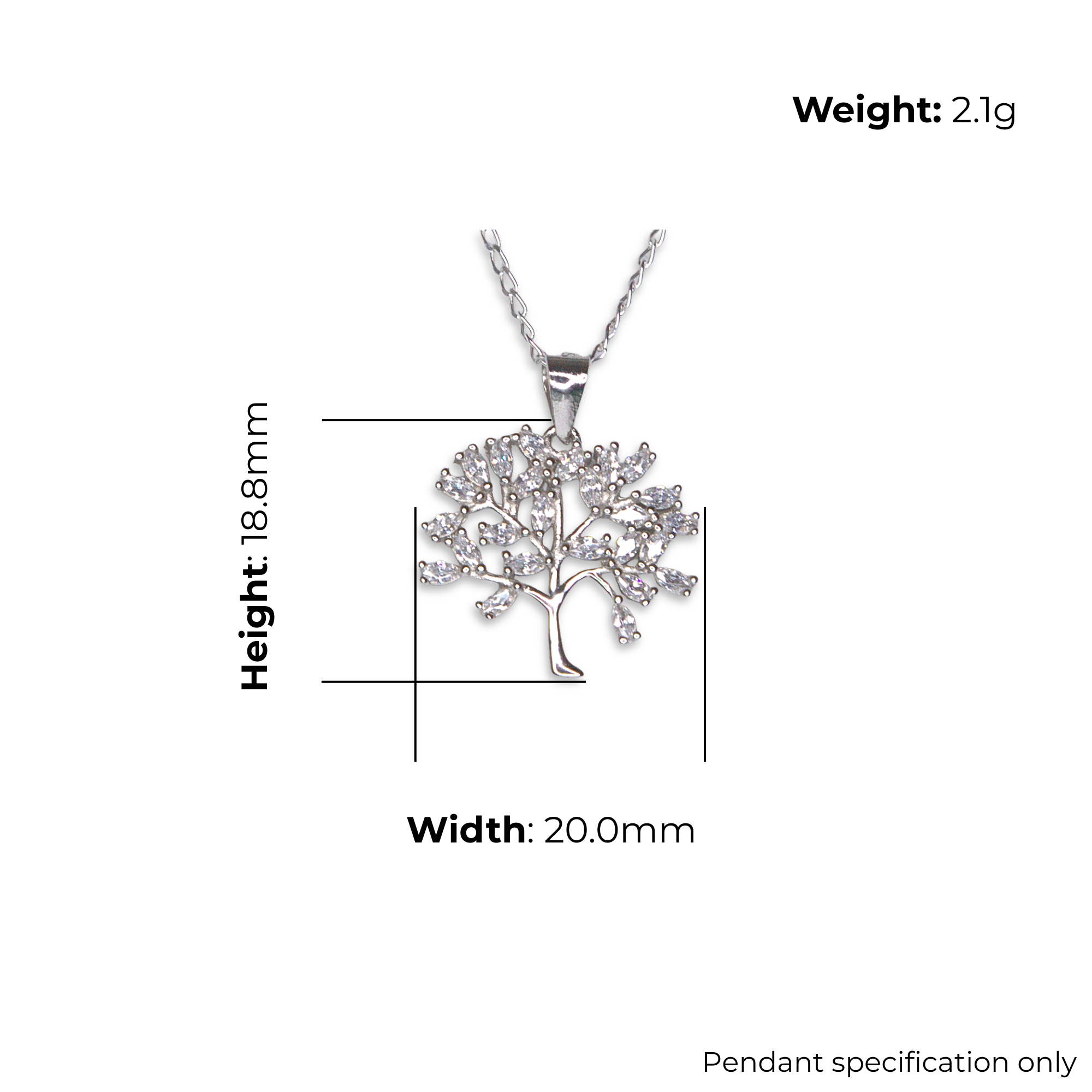 Sterling Silver Tree of Life Pendant, Fully Pave-Set CZ Canopy, product dimensions shown, width 20.0mm, height 18.8mm, weight 2.1g, pendant specification only.