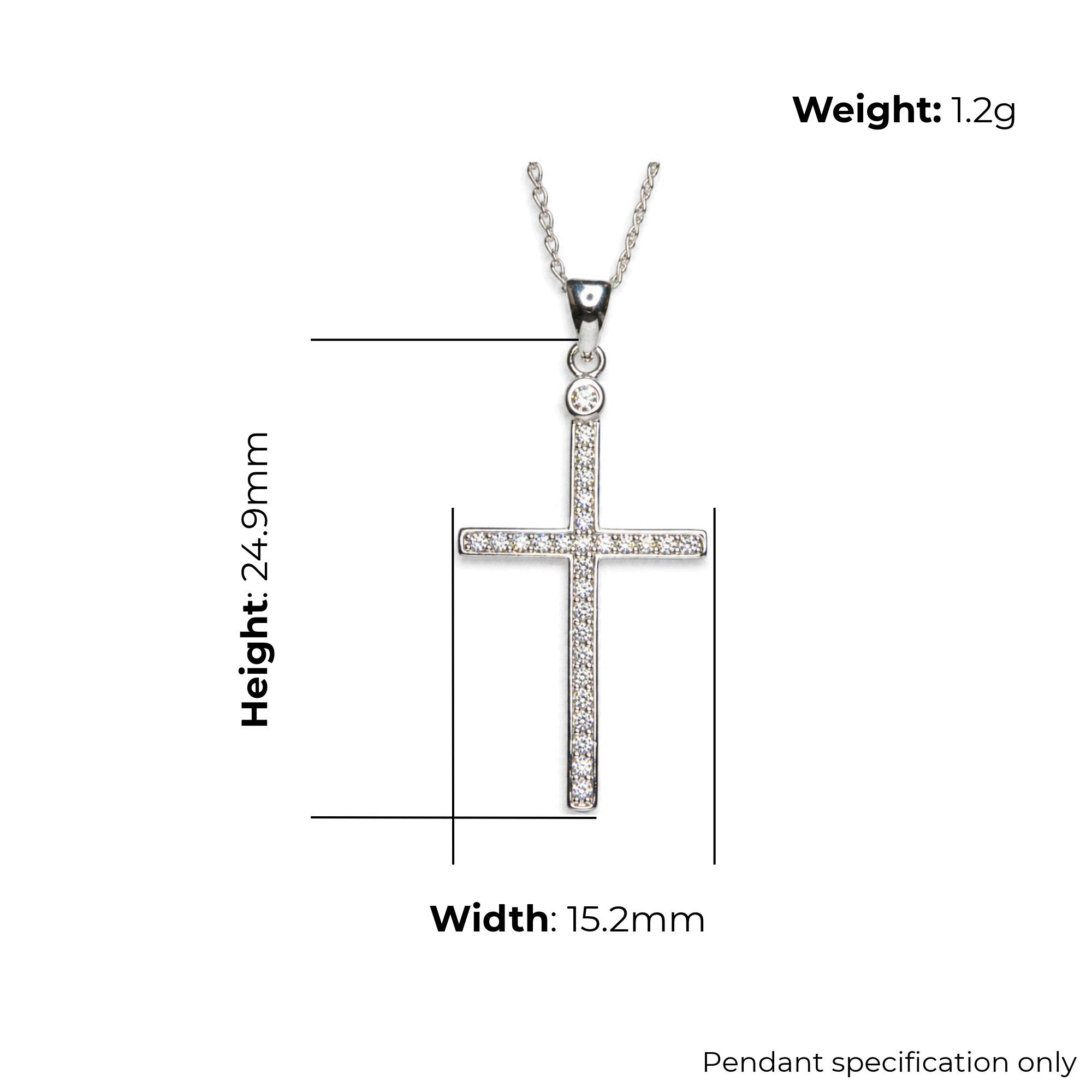 Sterling Silver Cross Pendant with CZ, product dimensions shown, width 15.2mm, height 24.9mm, weight 1.2g, pendant specification only