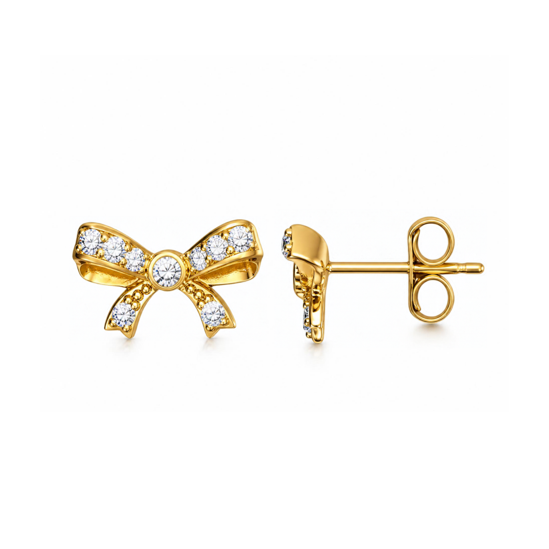 Sterling Silver Bow Stud Earrings, Gold Plated, CZ Detail