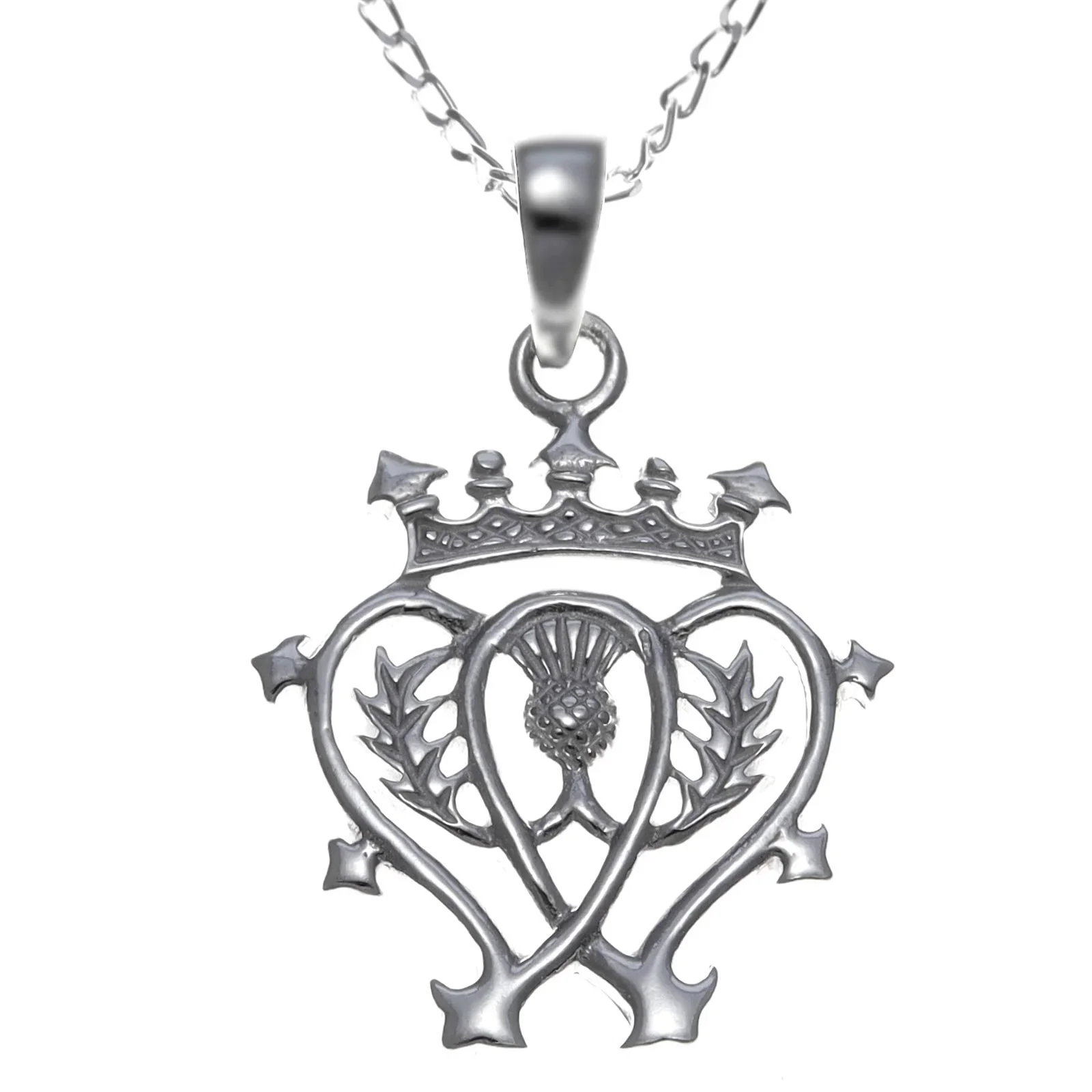 Sterling Silver Scottish Luckenbooth Pendant, thistle integrated heart form, crowned.