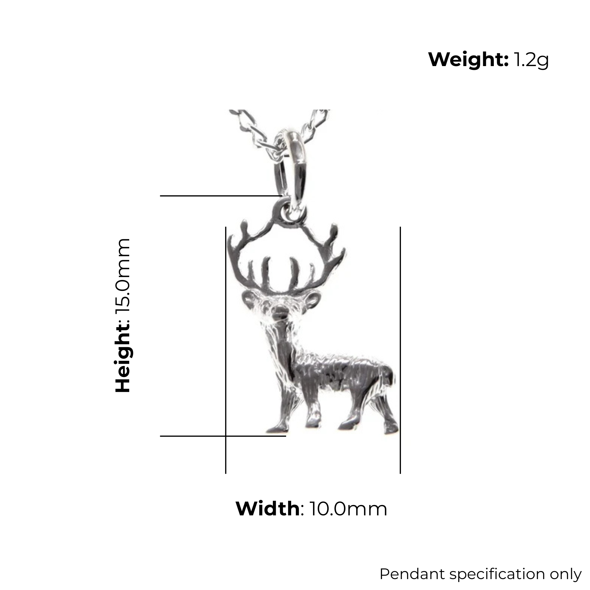 Sterling Silver Scottish Stag Pendant, sculpted three-dimensional form, branching antler detail, product dimensions shown, width 10mm, height 15mm, weight 1.2g, pendant specification only