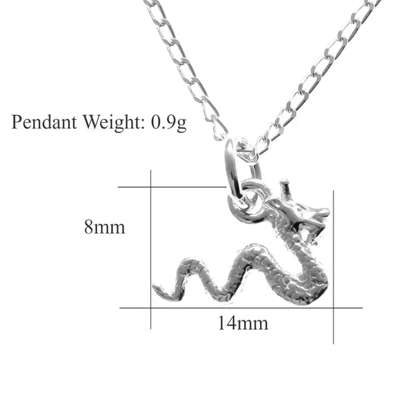 Sterling Silver Loch Ness Monster Pendant, sinuous serpentine form, scaled texture, product dimensions shown, width 14mm by height 8mm, weight 0.9g