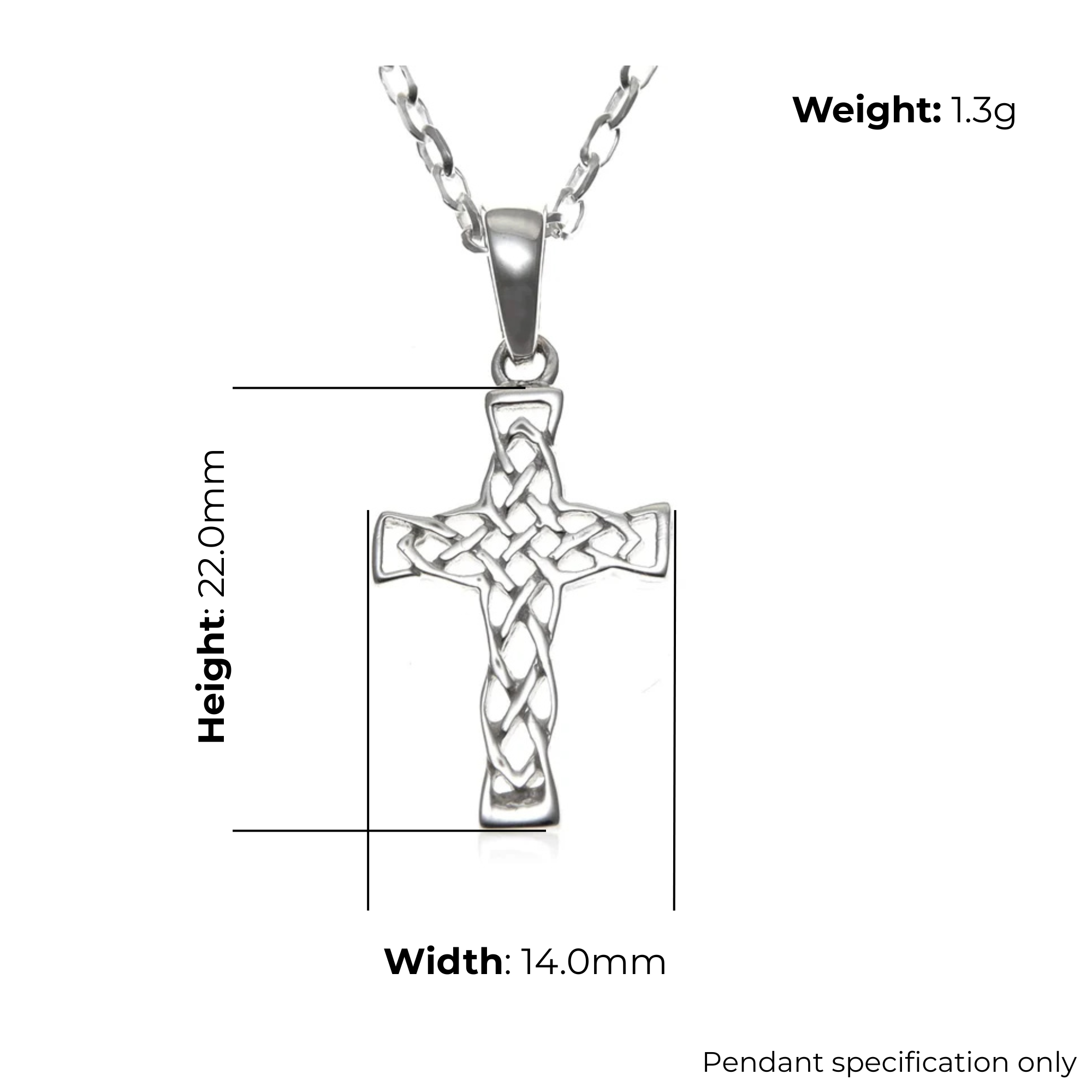 Sterling Silver Celtic Cross Pendant, open basketweave plaitwork, product specification shown, width 14mm, height 22mm, weight 1.3g, pendant specification only