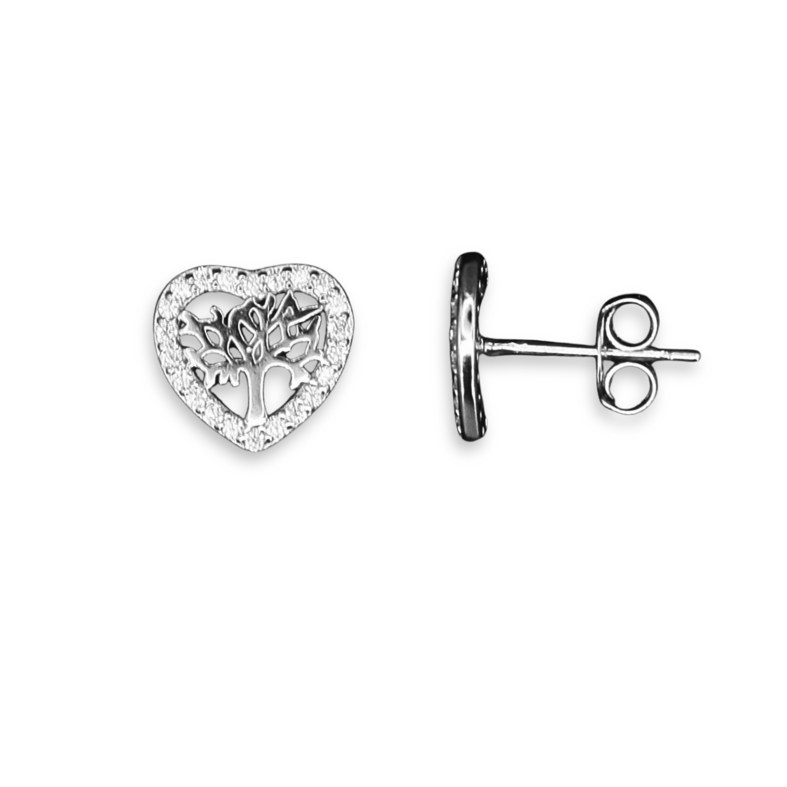 Sterling Silver Tree of Life Heart Stud Earrings, Pave-Set CZ Border