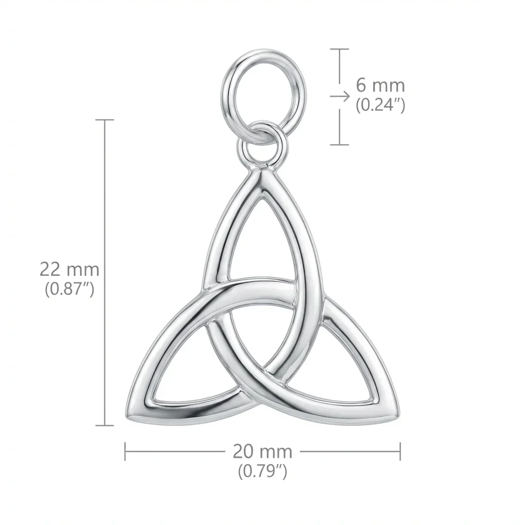 Sterling Silver Celtic Trinity Knot Pendant, open triquetra design, high mirror polish, product dimensions shown, width 20mm by height 22mm, jump ring height 6mm