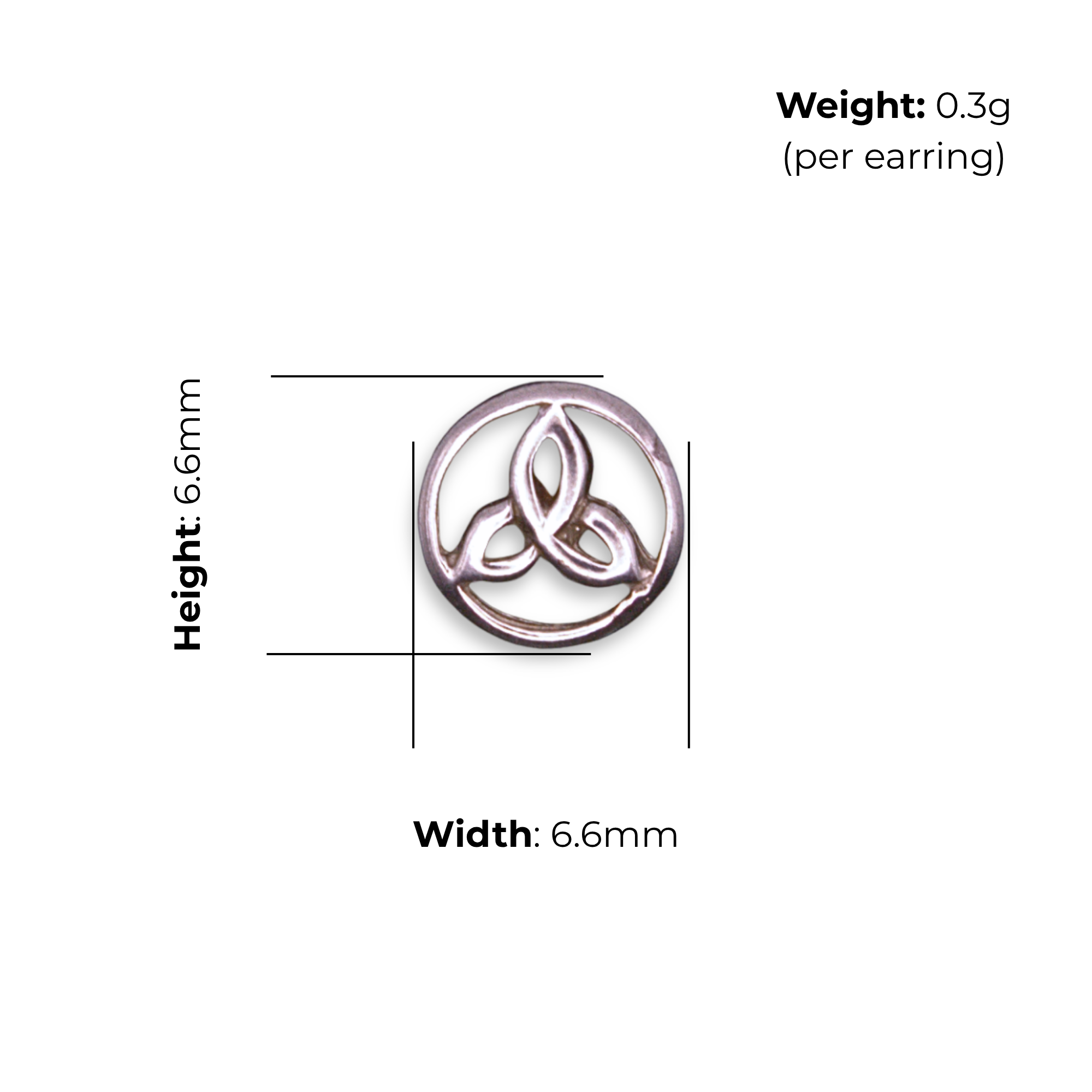 Sterling Silver Celtic Trinity Knot Stud Earrings, triquetra within circular border, butterfly back fitting, product dimensions shown, width 6.6mm, height 6.6mm, weight 0.3g per earring