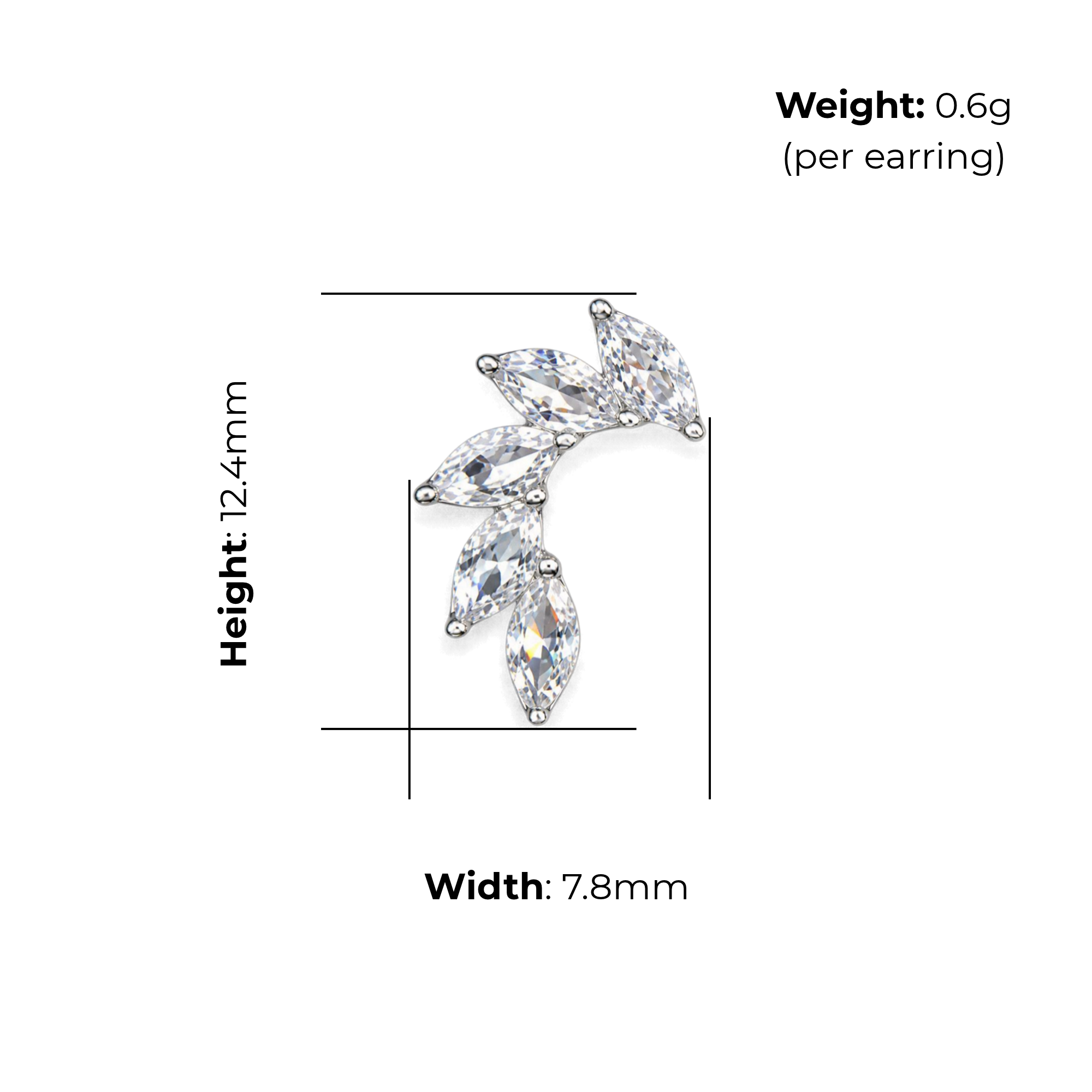 Sterling Silver Marquise CZ Climber Stud Earrings, product dimensions shown, width 7.8mm, height 12.4mm, weight 0.6g per earring.