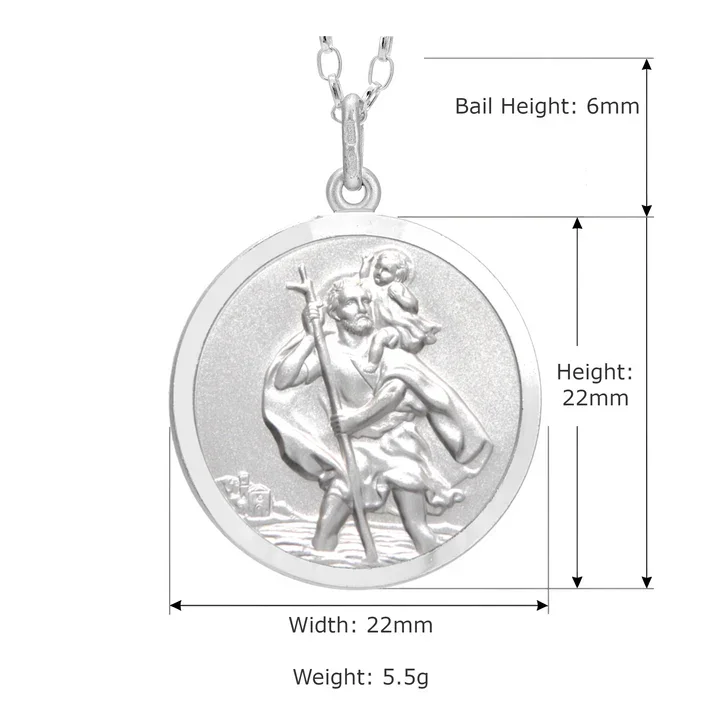 Sterling Silver St Christopher pendant, plain reverse. Embossed figural scene, satin face, polished border, product dimensions shown, width 22mm by height 22mm, bail height 6mm, weight 5.5g