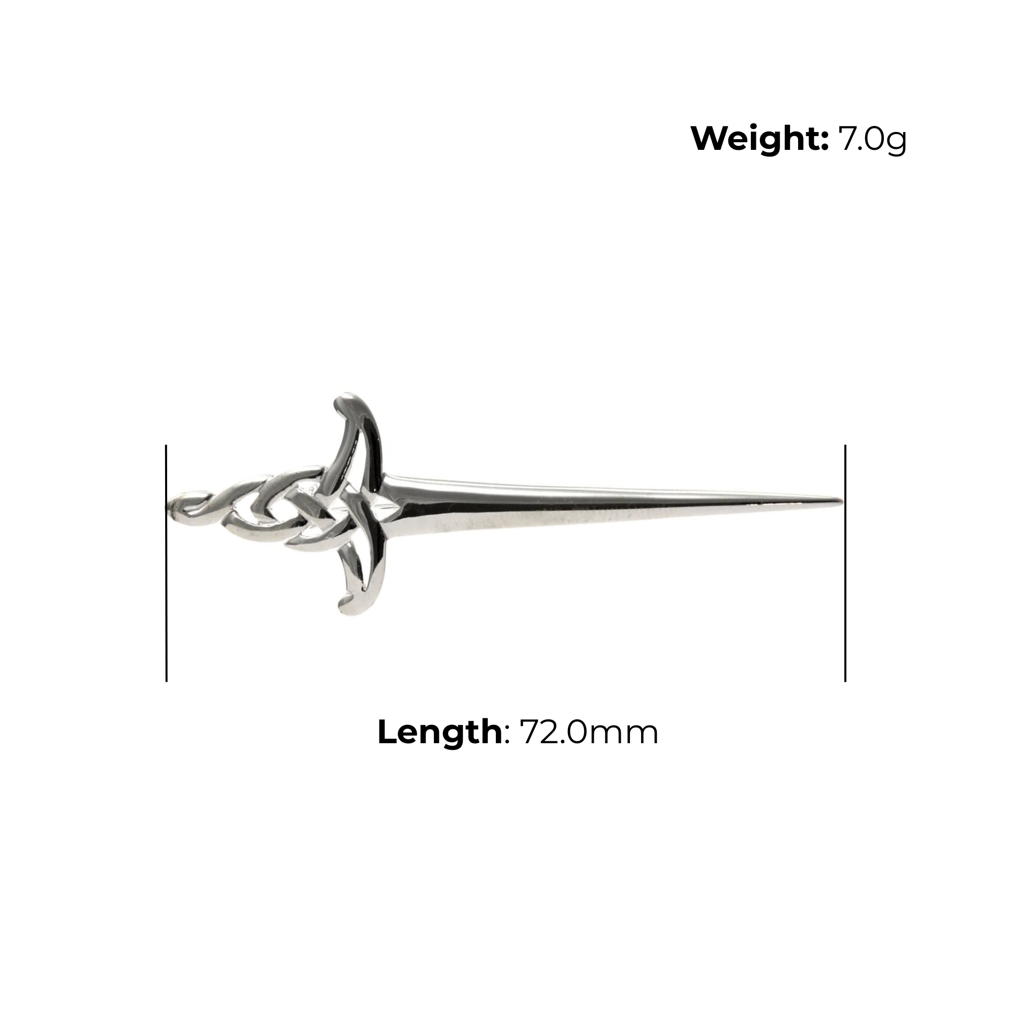 Sterling Silver Sword Kilt Pin, Celtic knotwork hilt, product dimensions shown, length 72mm, weight 7.0g