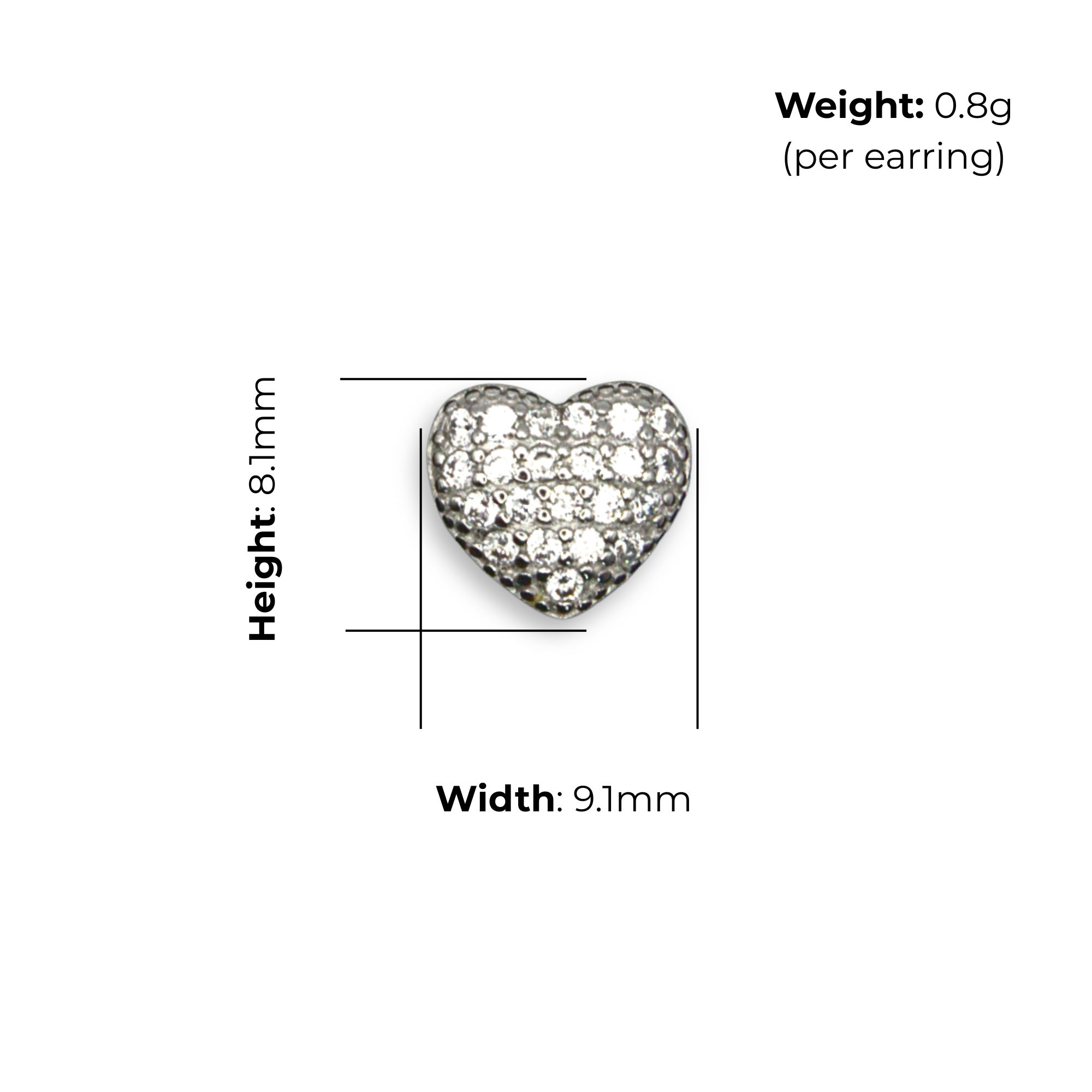 Sterling Silver Heart Stud Earrings, Pave-Set CZ, product dimensions shown, width 9.1mm, height 8.1mm, weight 0.8g per earring.