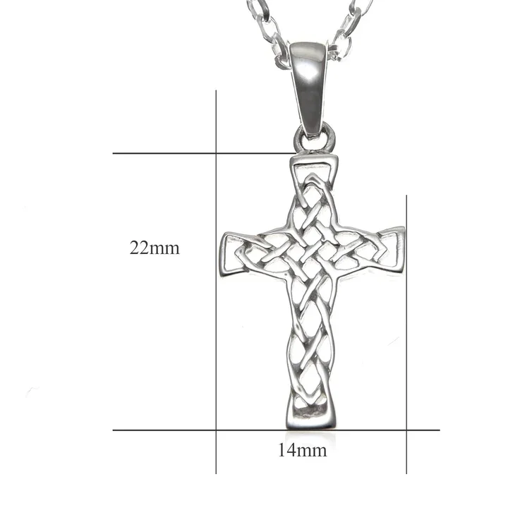 Sterling Silver Celtic cross pendant, product dimensions shown, 14mm width, 22mm height