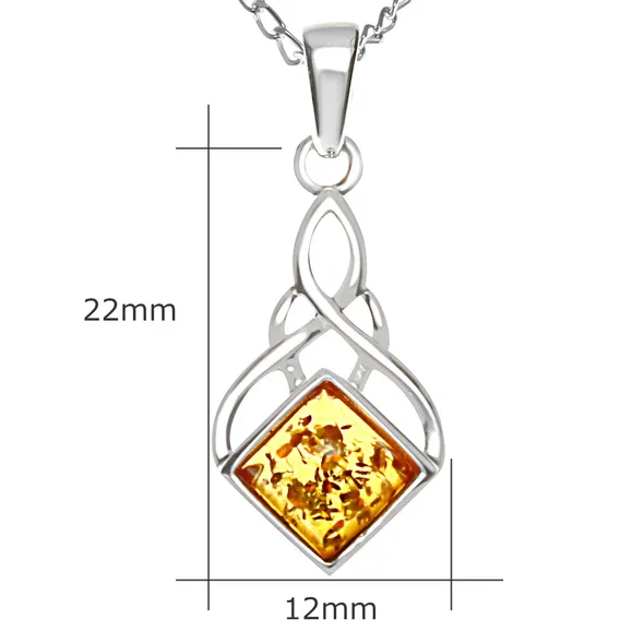 Sterling Silver Celtic Knotwork Pendant, natural amber square-cut stone, bezel set, product dimensions shown, width 12mm by height 22mm