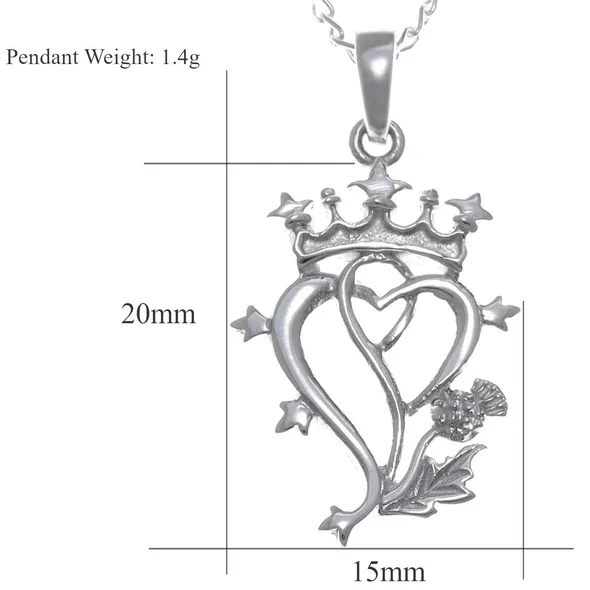 Sterling Silver Scottish Luckenbooth Pendant, crowned intertwined hearts, thistle detail, product dimensions shown, width 15mm by height 20mm, weight 1.4g