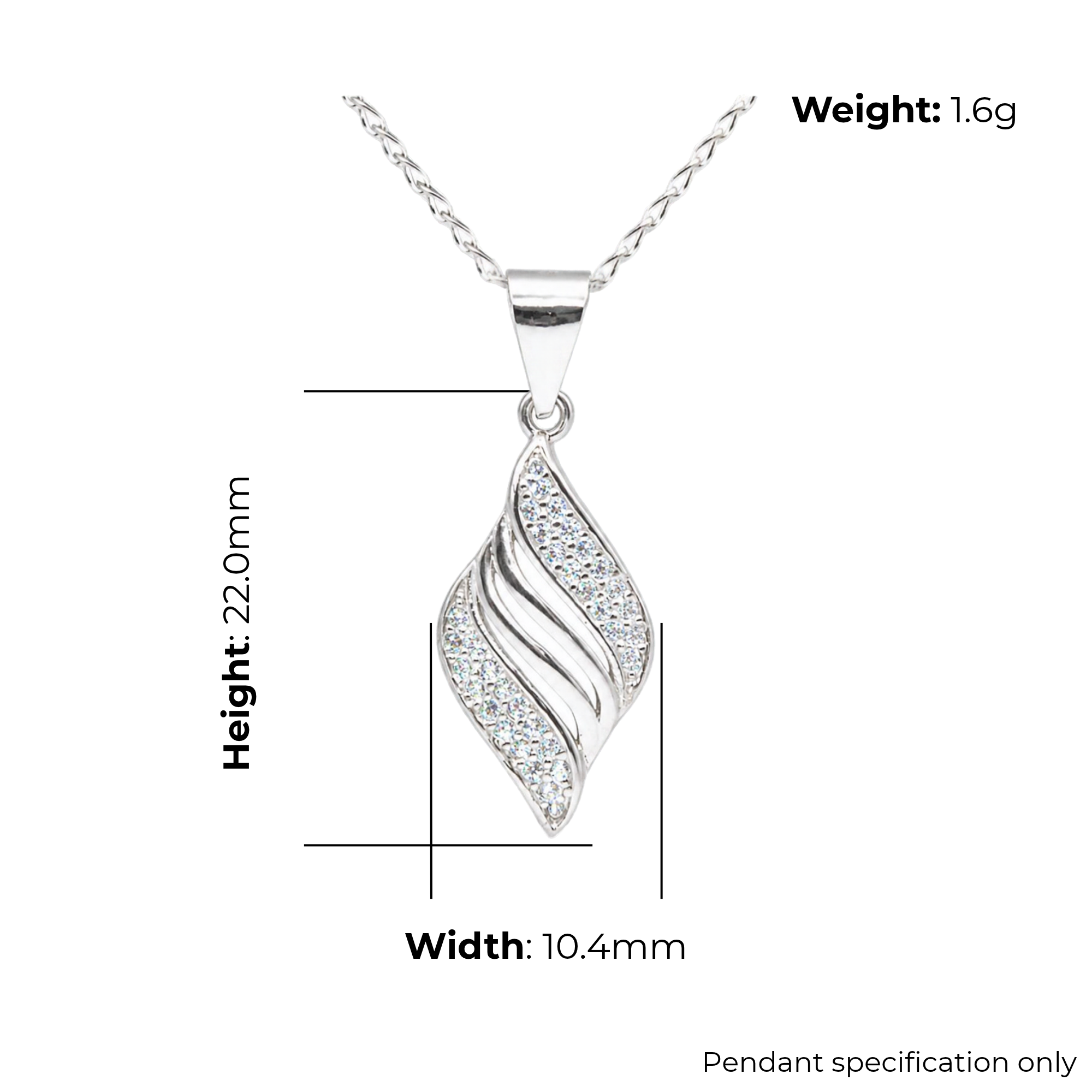 Sterling Silver Swirling Leaf CZ Pendant, product dimensions shown, width 10.4mm, height 22mm, weight 1.6g pendant specification only