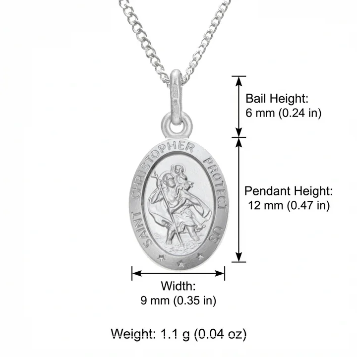 Sterling Silver oval St Christopher pendant. Embossed figural scene, product dimensions shown, 12mm height by 9mm width, 6mm bail and jump ring height, weight 1.1g