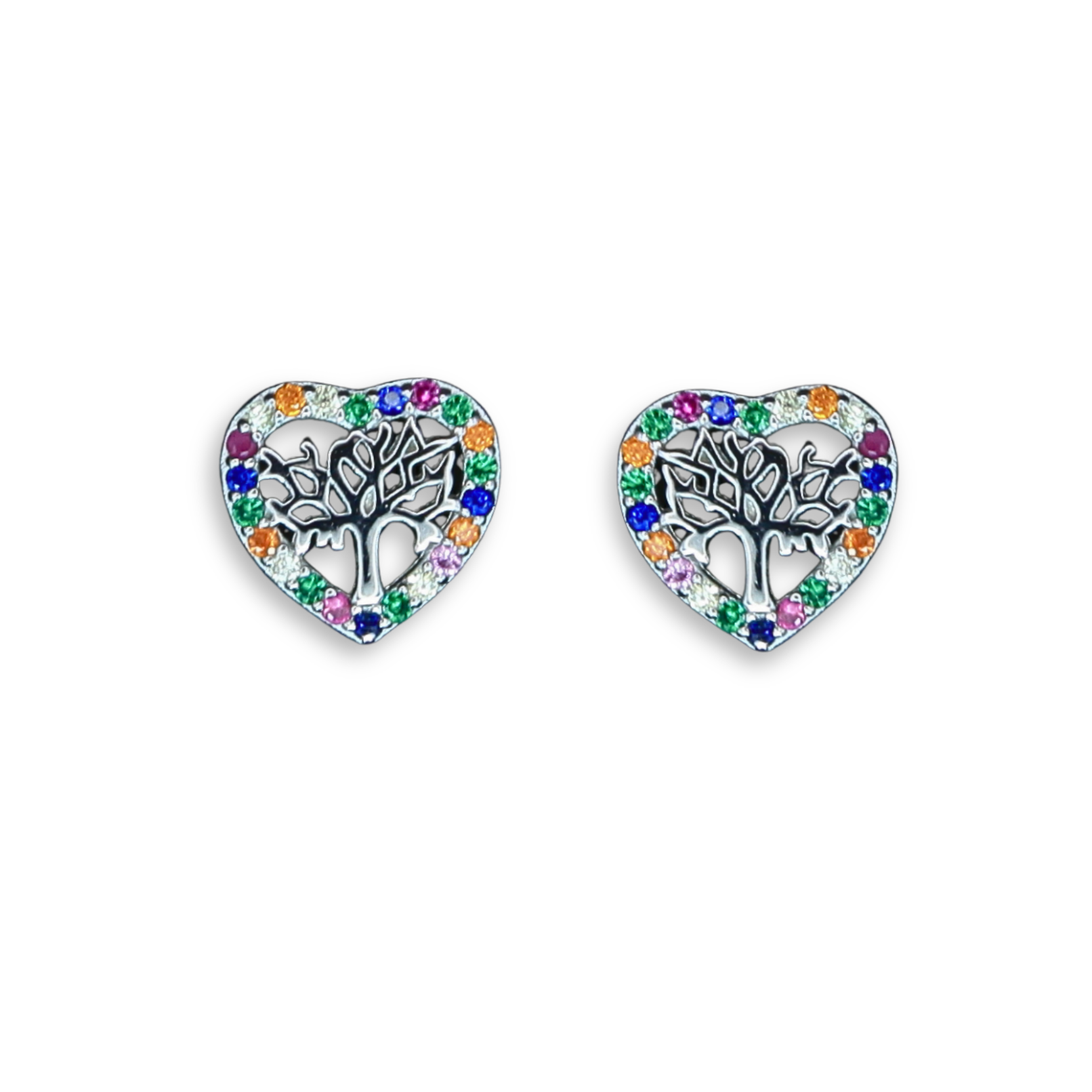 Sterling Silver Tree of Life Heart Stud Earrings, Multi-Colour CZ Border