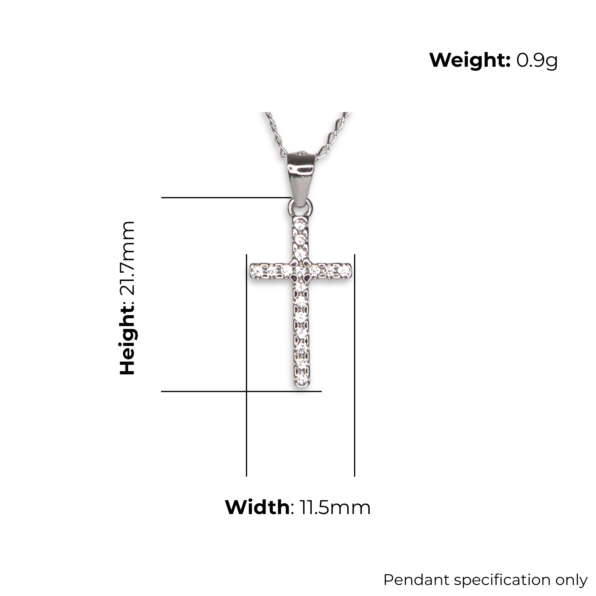 Sterling Silver Cross Pendant with CZ, product dimensions shown, width 11.5mm, height 21.7mm, weight 0.9g, pendant specification only