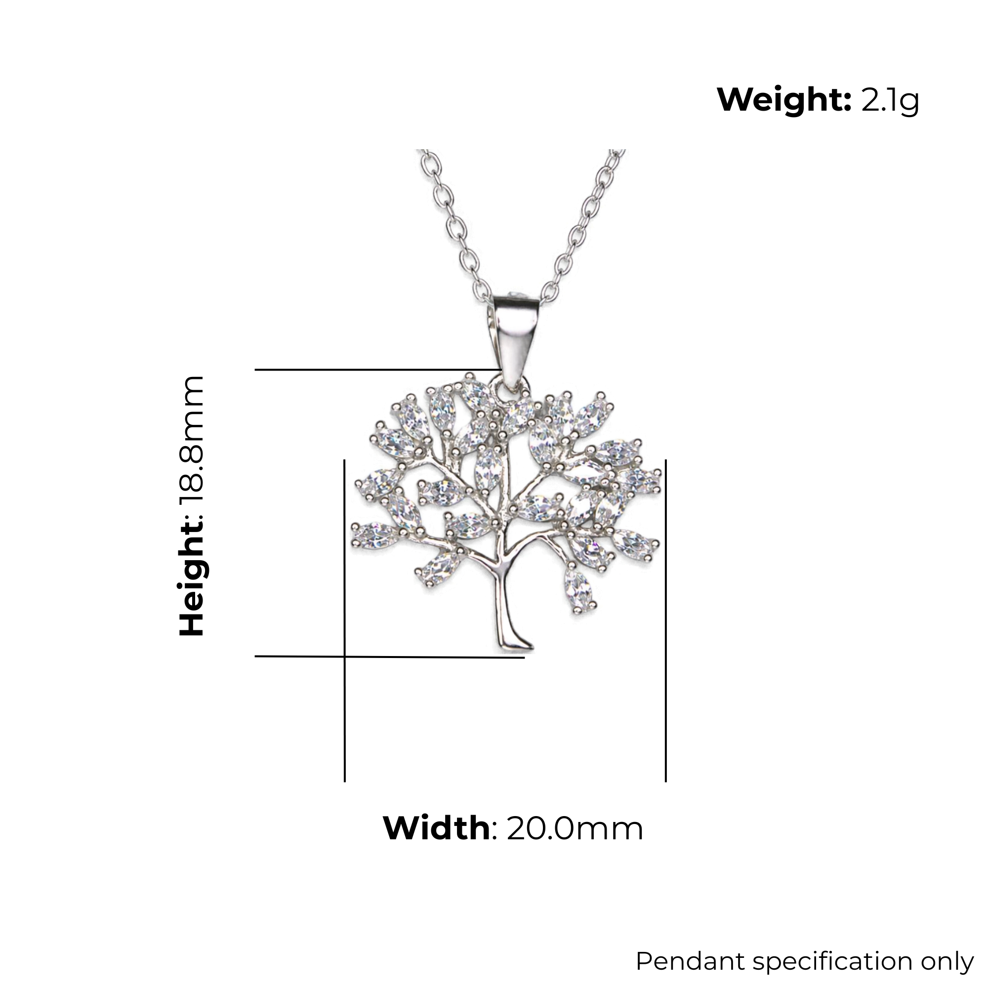 Sterling Silver Tree of Life Pendant, Fully Pave-Set CZ Canopy, product dimensions shown, width 20.0mm, height 18.8mm, weight 2.1g, pendant specification only.