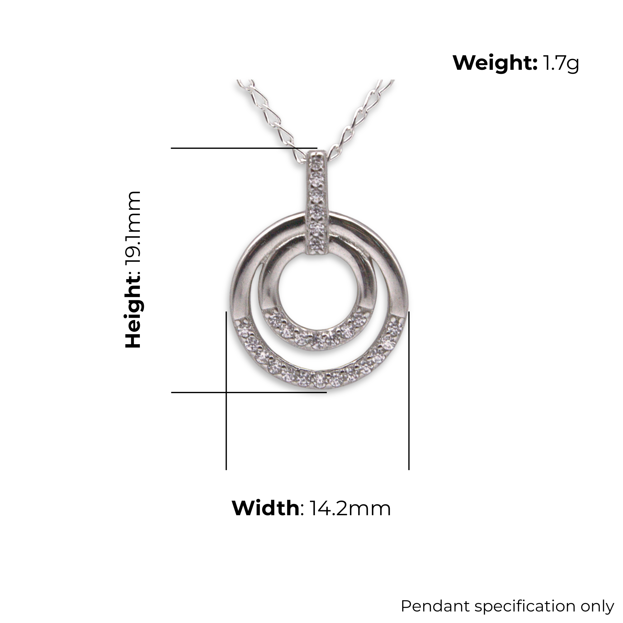 Sterling Silver Open Double Circle Pendant with CZ, product dimensions shown, width 14.2mm, height 19.1mm, weight 1.7g, pendant specification only