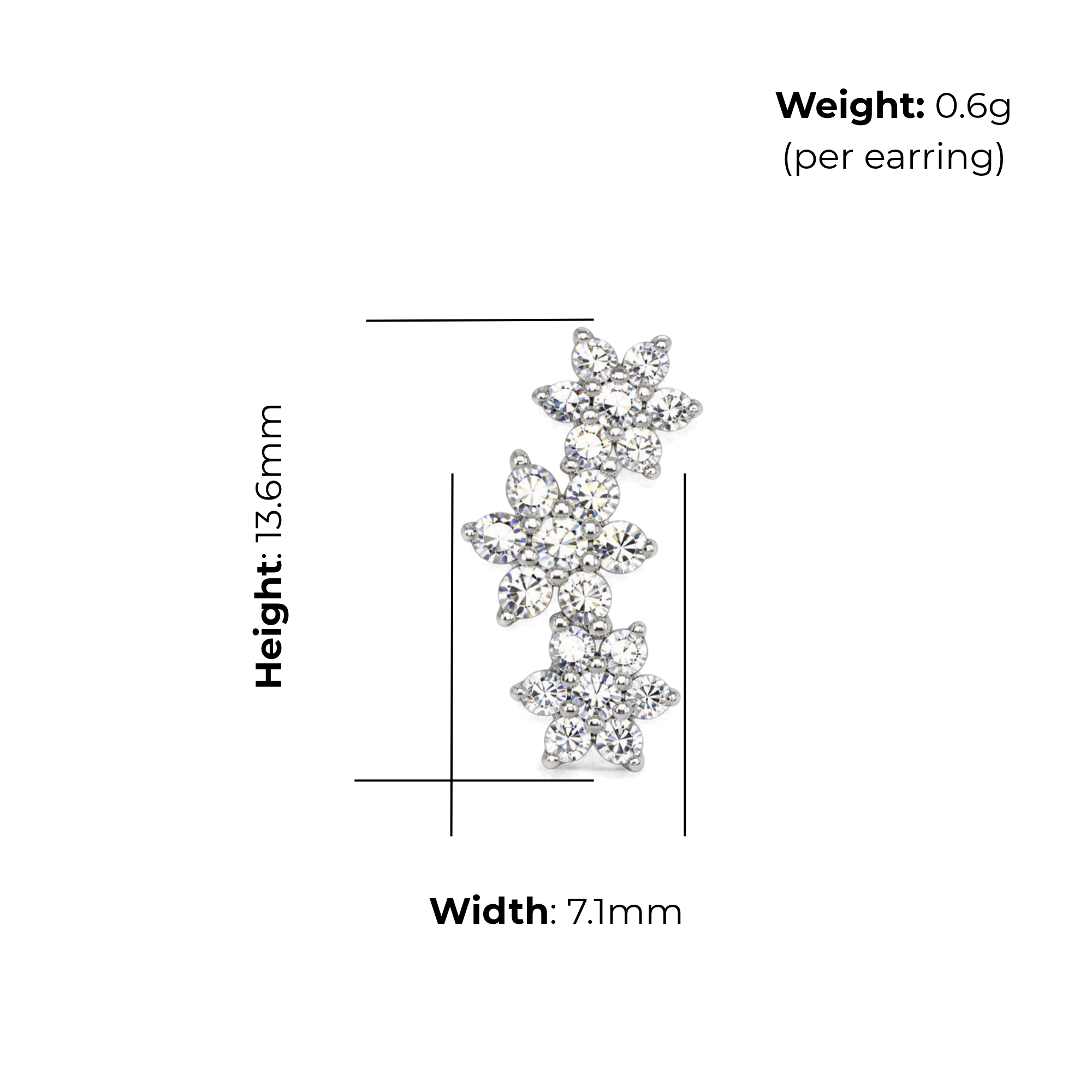 Sterling Silver Triple Flower Climber Stud Earrings, Pave-Set CZ, product dimensions shown, width 7.1mm, height 13.6mm, weight 0.6g per earring.