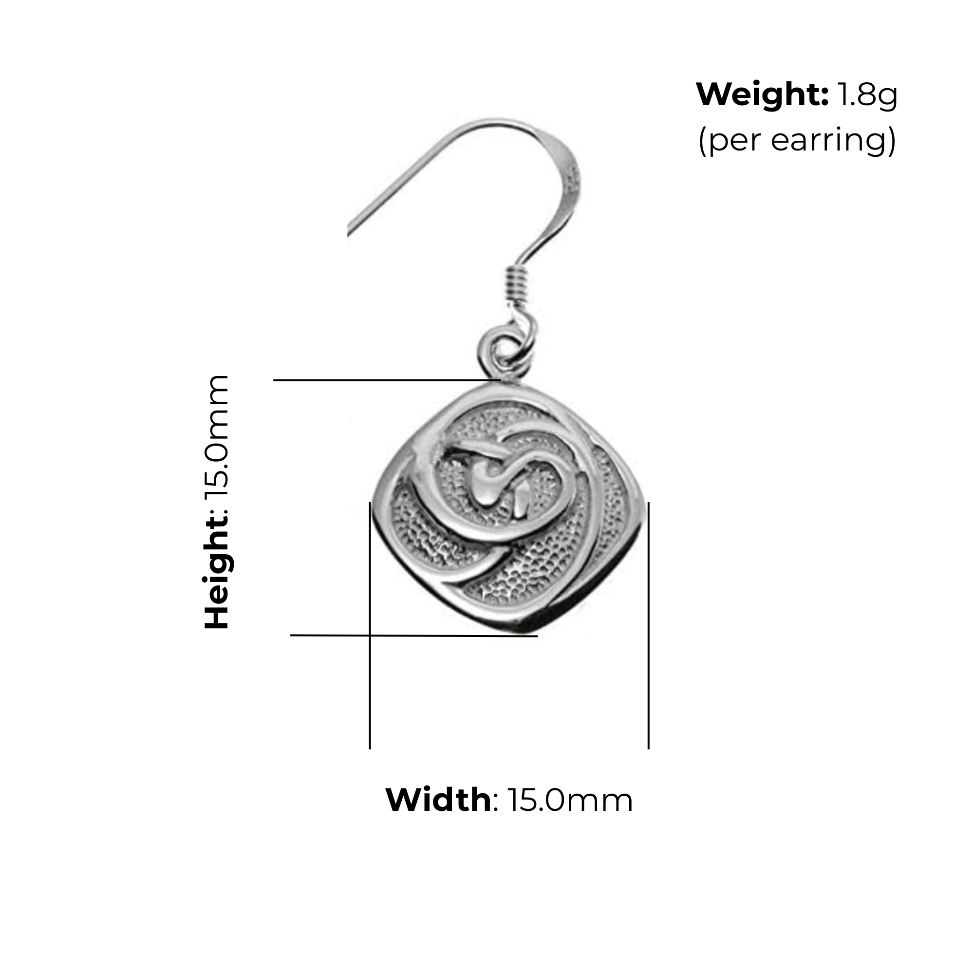 Sterling Silver Charles Rennie Mackintosh Cushion Drop Earrings, sculptural rose relief, product dimensions shown, width 15mm, height 15mm, weight 1.8g per earring