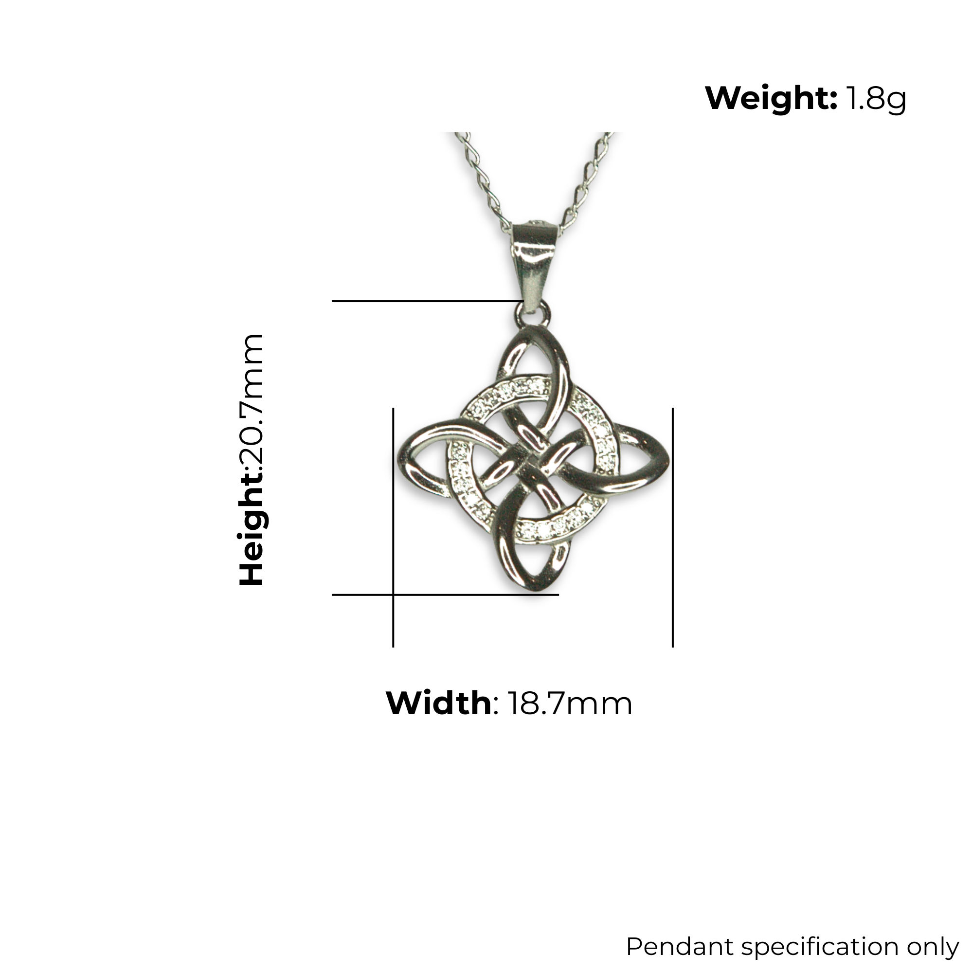Sterling Silver Celtic Knot Pendant, Four-Point Radial Design, Pave-Set CZ, product dimensions shown, width 18.7mm, height 20.7mm, weight 1.8g, pendant specification only.