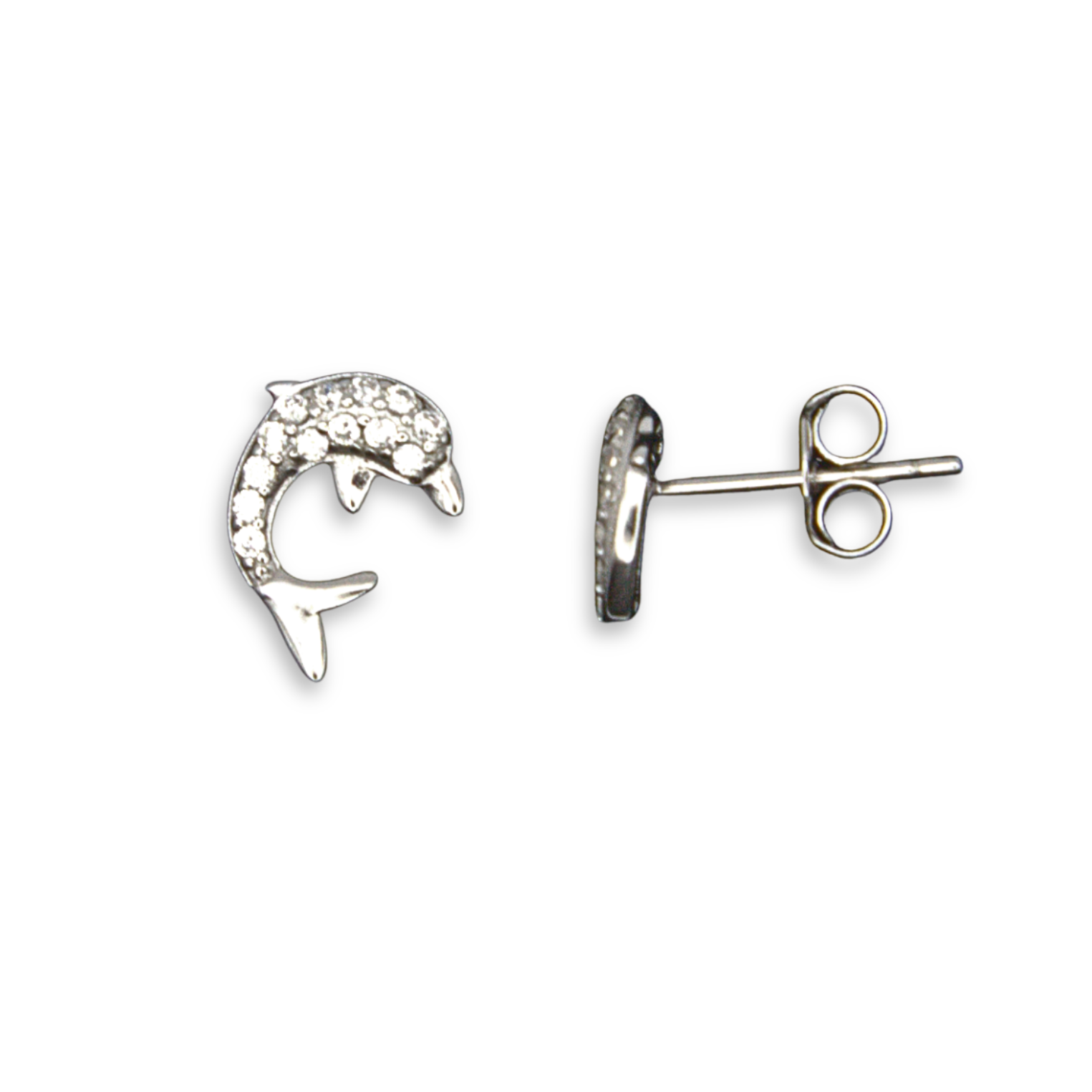 Sterling Silver Dolphin Stud Earrings, Pave-Set CZ