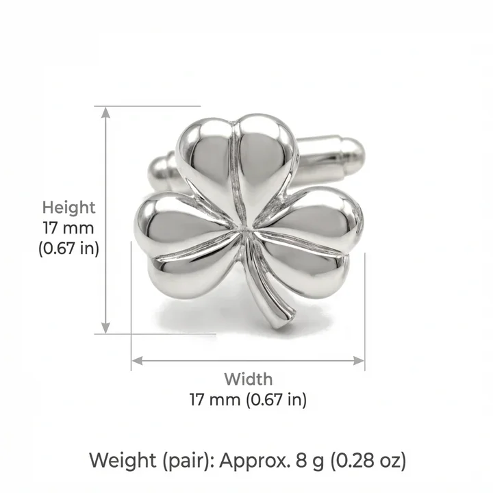 Sterling Silver shamrock cufflinks. Bold sculptural four-leaf clover, product dimensions shown, 17mm height by 17mm width, pair weight 8g