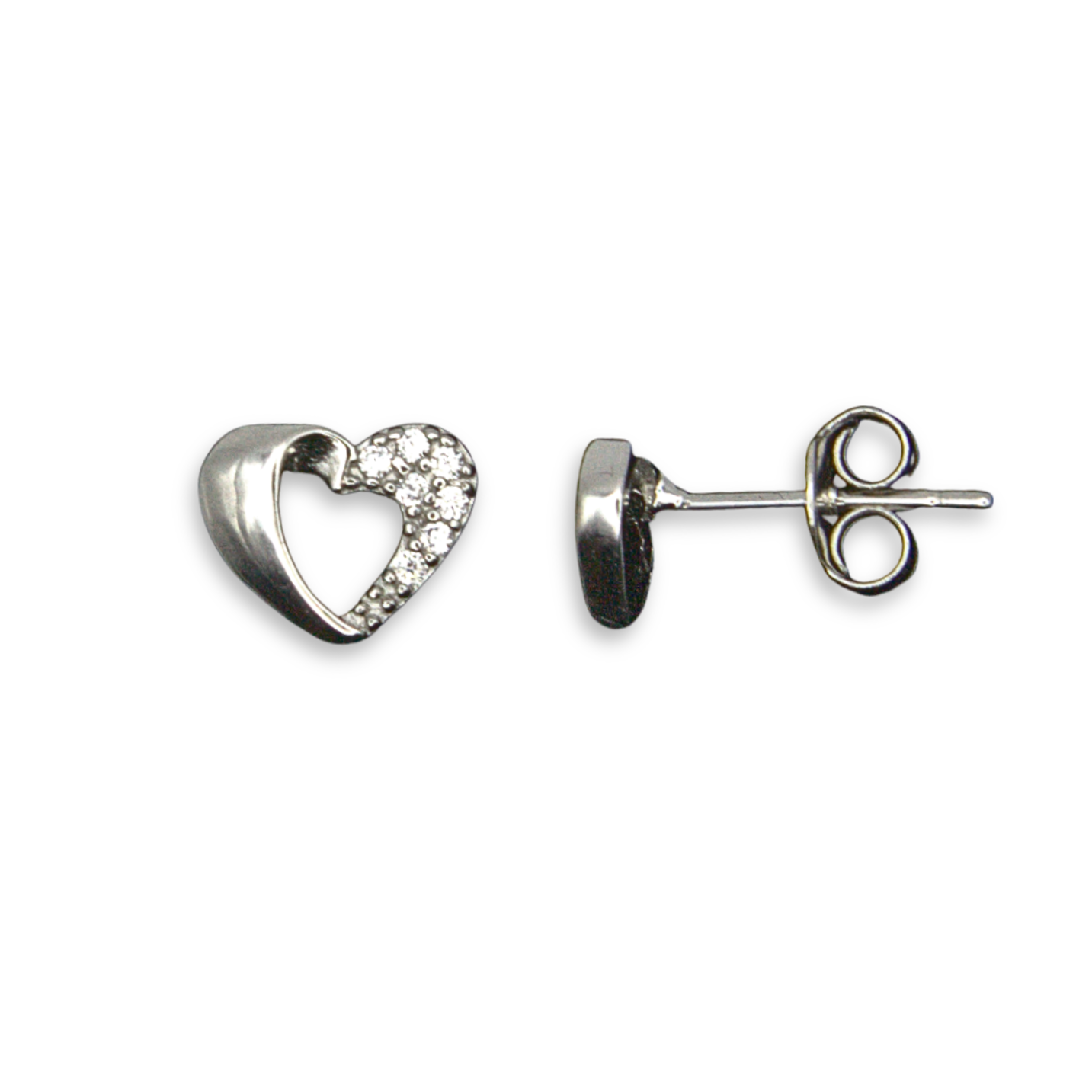 Sterling Silver Split Heart Stud Earrings, Half Pave-Set CZ