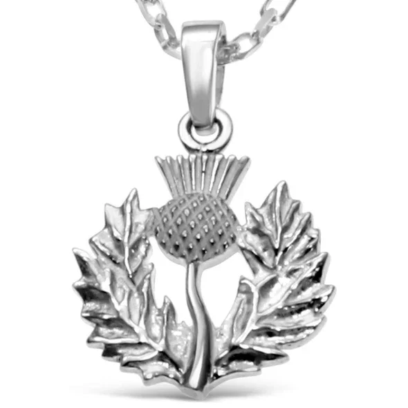 Sterling Silver Scottish Thistle Pendant, feathered head, crosshatched globe, wreath frame.