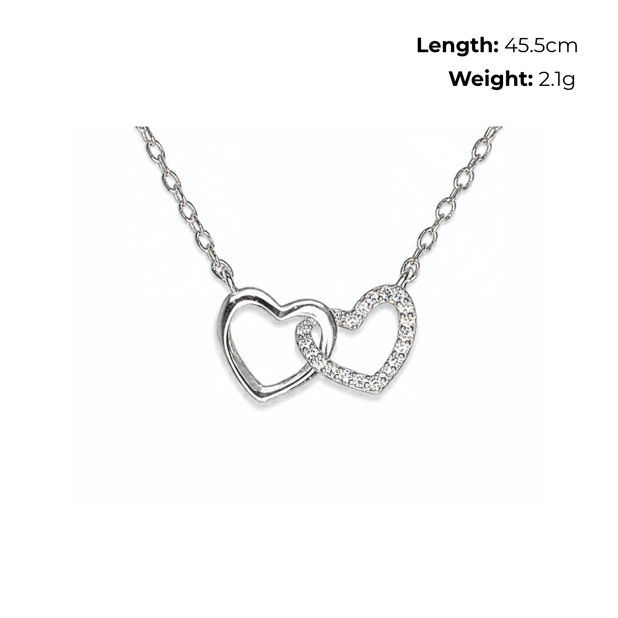 Sterling Silver Interlocking Hearts Necklet, CZ Detail, Free-Moving Design, product dimensions shown, length 45.5cm, weight 2.1g.
