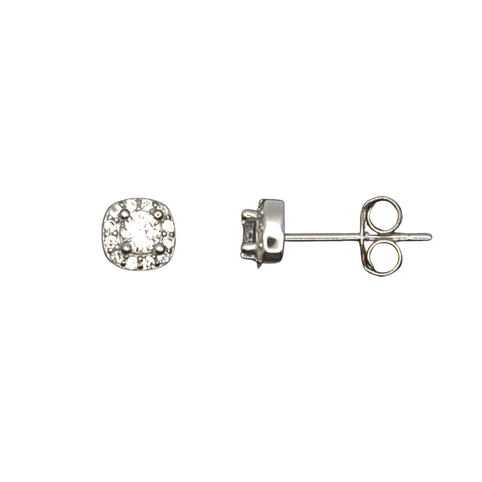 Sterling Silver Cushion Halo Stud Earrings, Pave-Set CZ